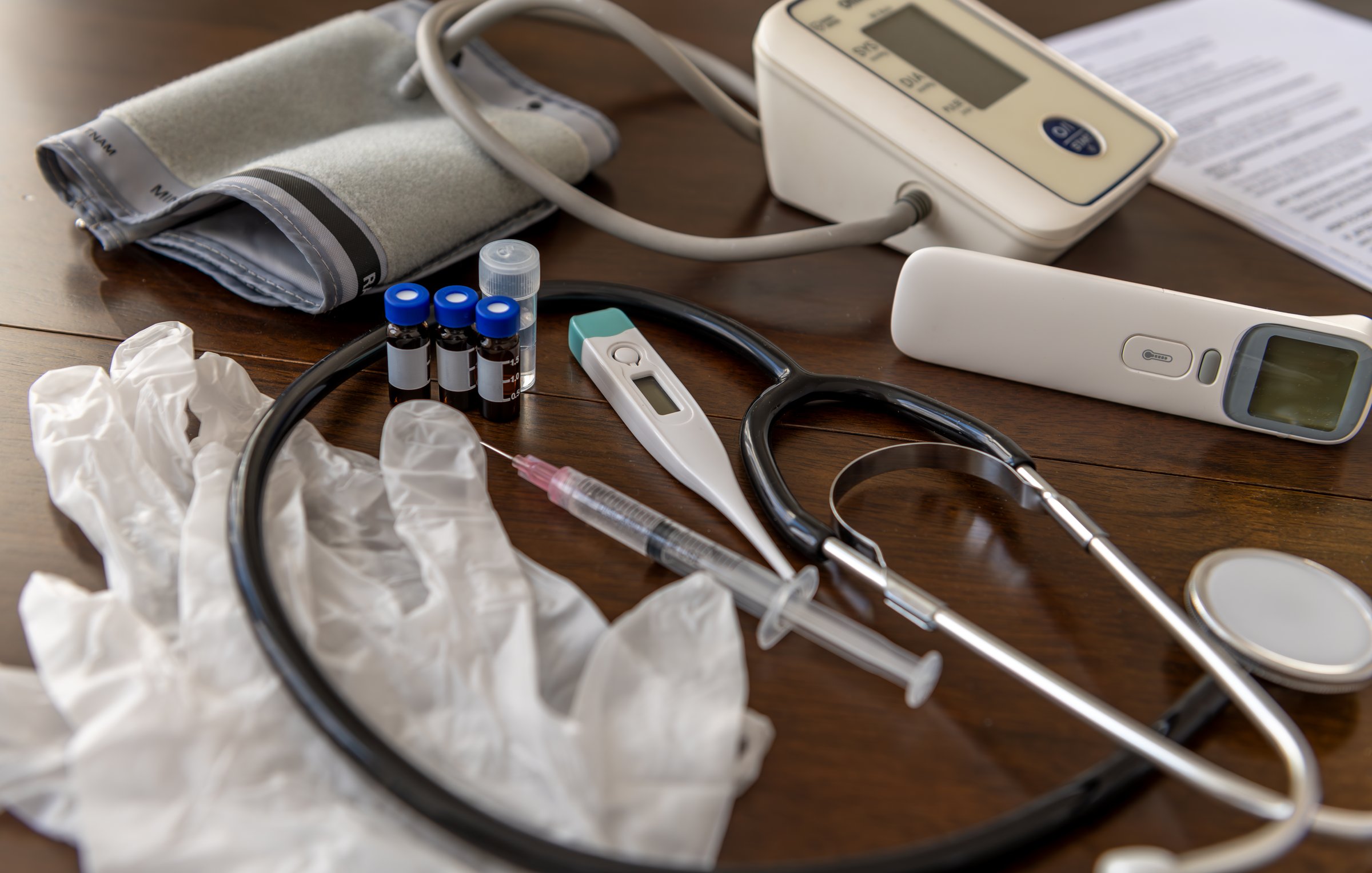 Various medical equipments on a table in a doctor's surgery used to examine patients.