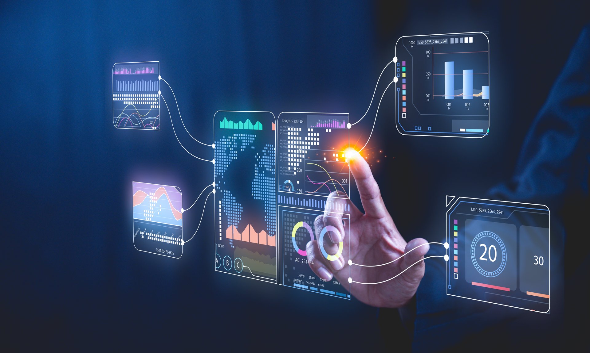 Analyst working with Business, Concept digital transformation technology strategy, Analytics and Data Management System on computer, make a report with KPI and metrics connected to database.