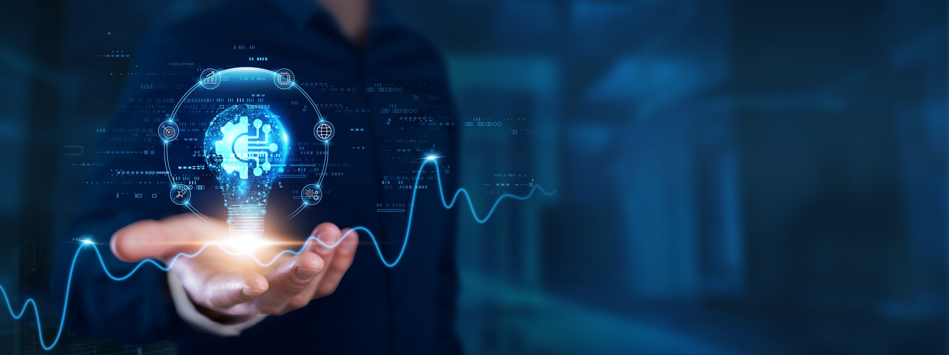 Innovation Technology: Businessman hands with light bulb of inspiration, bright idea, and creative thinking energetic on digital network. Cutting-edge solutions, creativity, disruption, advancement.