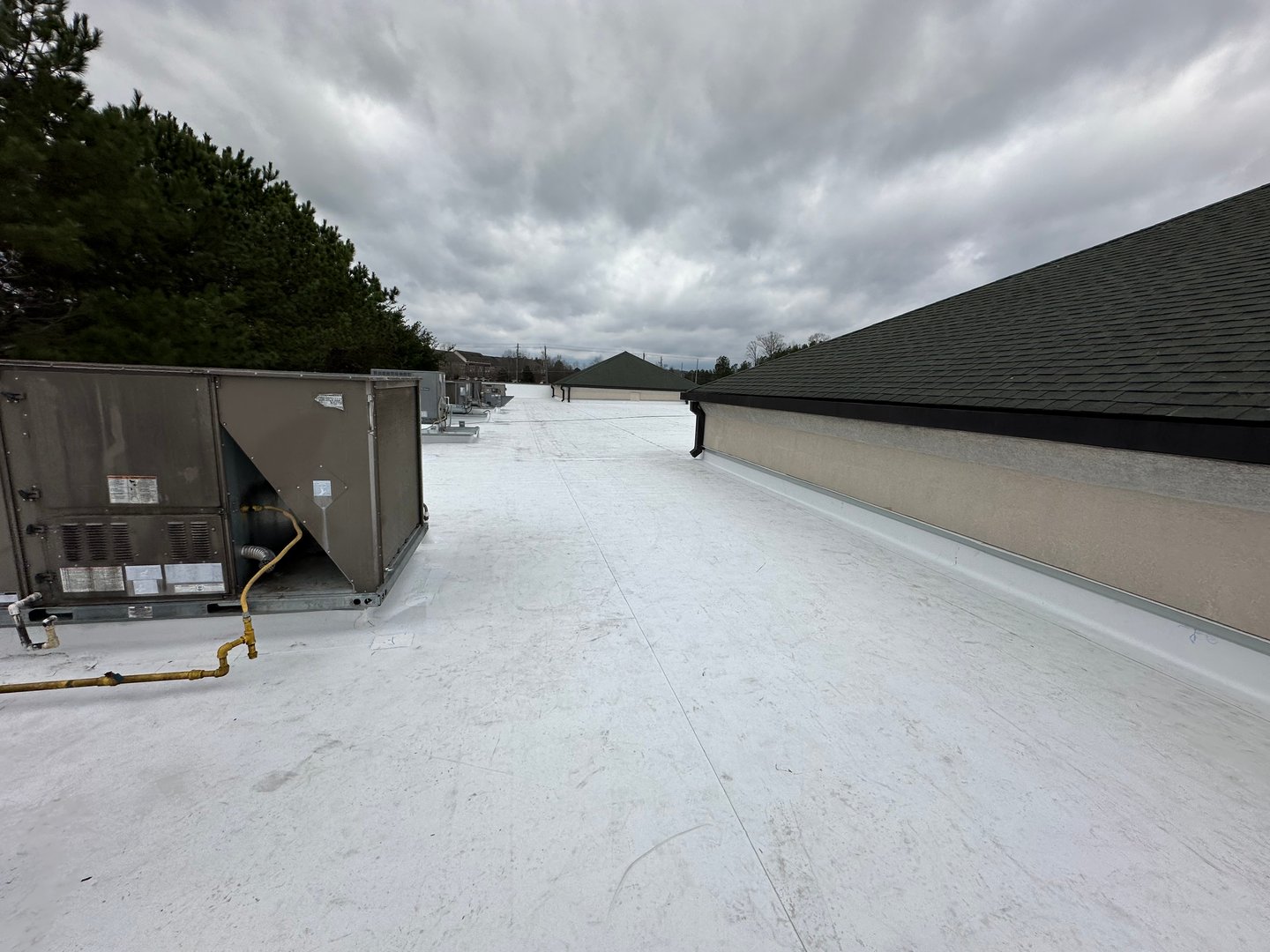 A construction worker applies EPDM roofing material on a flat roof of a modern home in a sunny outdoor environment. Landscaping is visible in the background.