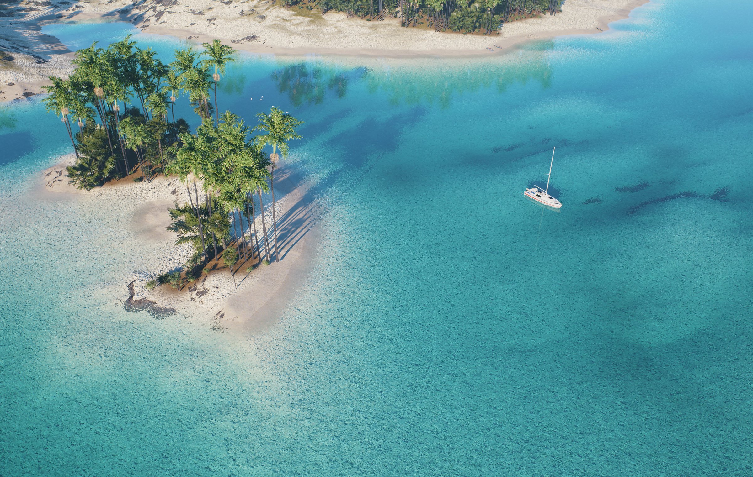 A breathtaking tropical scene showcasing a tranquil lagoon, a soft sandy beach, and vibrant, gently swaying palm trees. 3d render