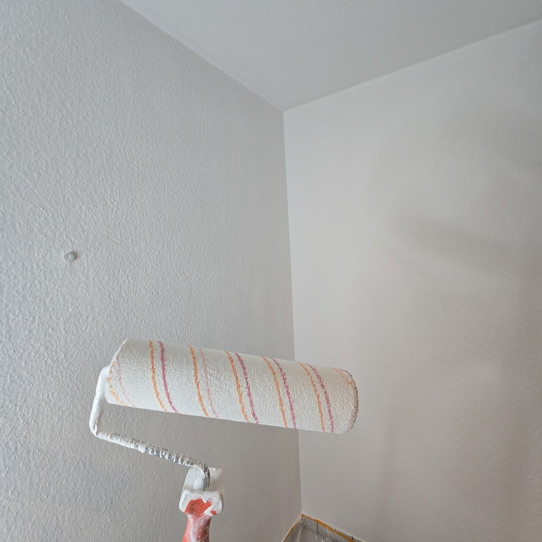 A person thoroughly painting a wall using a roller, beautifully showcasing the entire process of home improvement