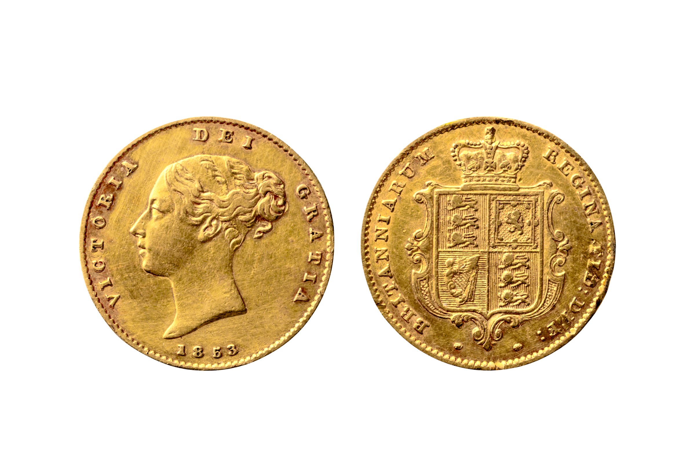 Queen Victoria 1819-1901 gold half sovereign coin dated 1853 obverse and reverse young head portrait cut out and isolated on a white background, antique coinage collecting stock photo image