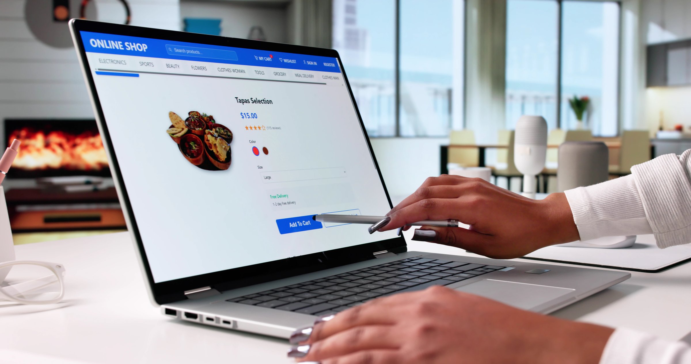 Young Woman Ordering African Food On Restaurant Website Using Laptop.
