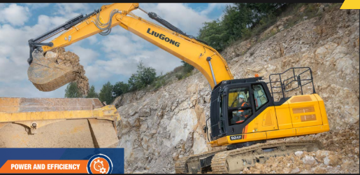 Excavator loading rocks on a construction site, highlighting power and efficiency. A rocky hillside is in the background.