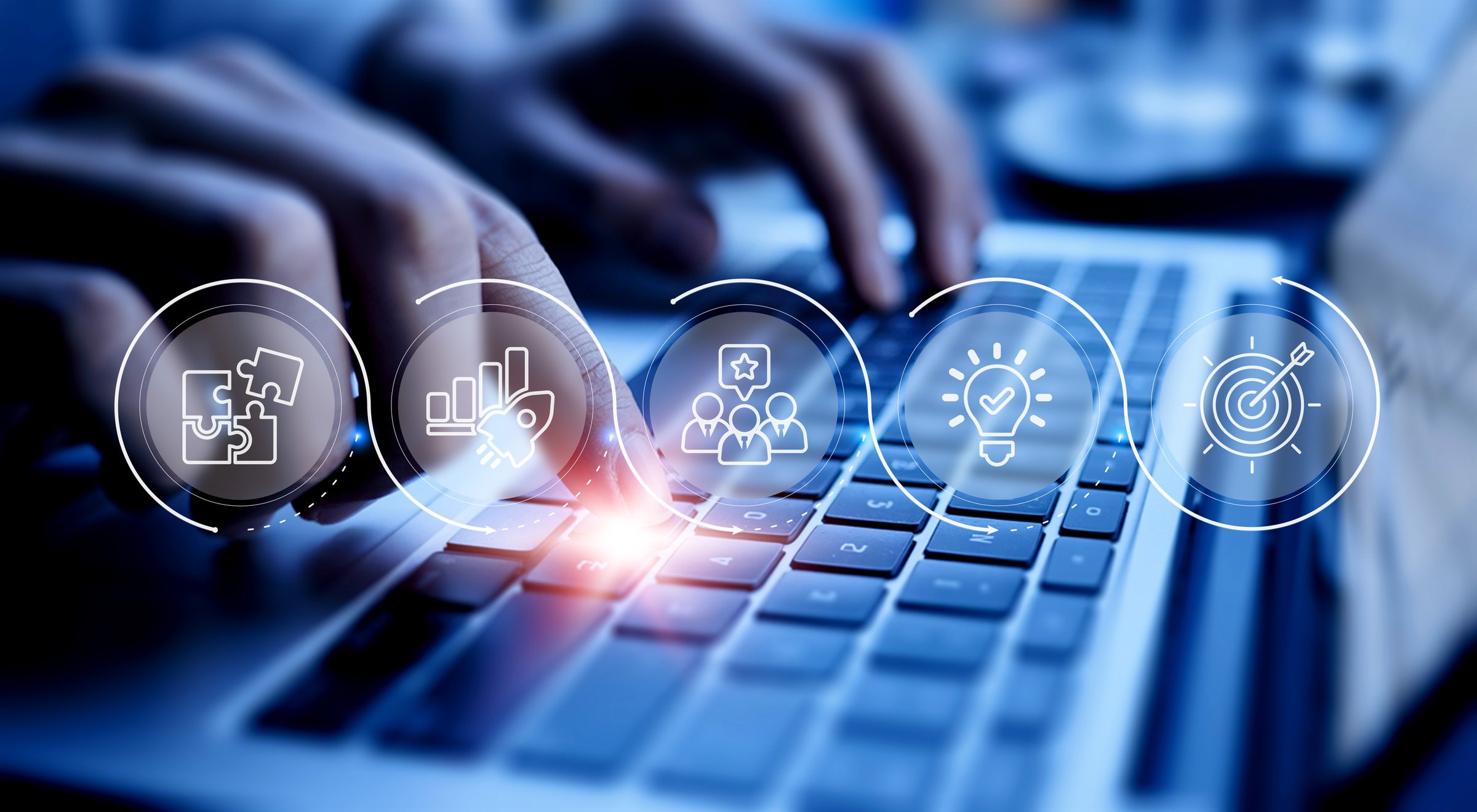 This project introduces a high-level Business strategy concept. Users interact by Touching screen on the icon representing business strategy elements; teamwork, partnership, innovation and technology, target and growth. The entire visualization serves one critical goal: Business goal achievement