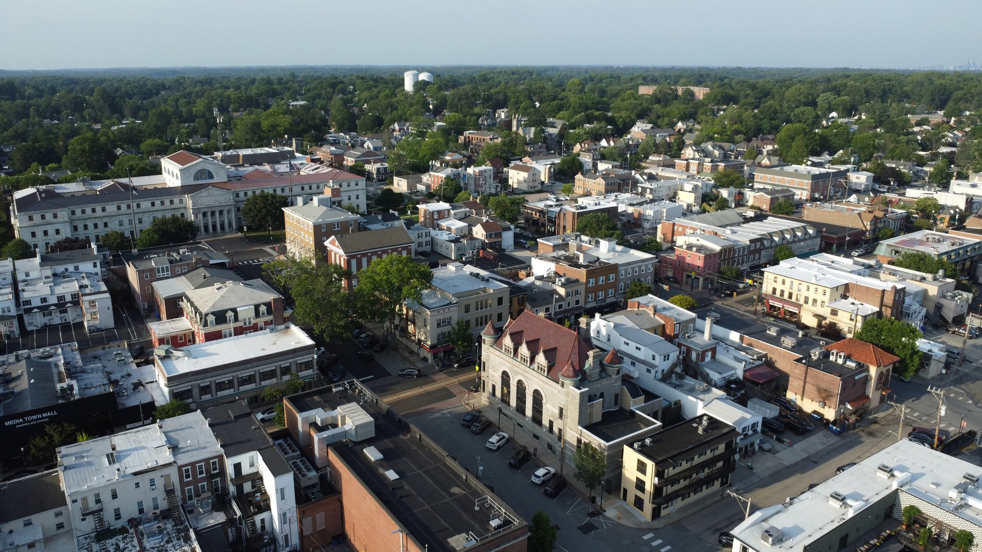 aerial view of Media, a suburb town near Philadelphia, Pennsylvania in summer