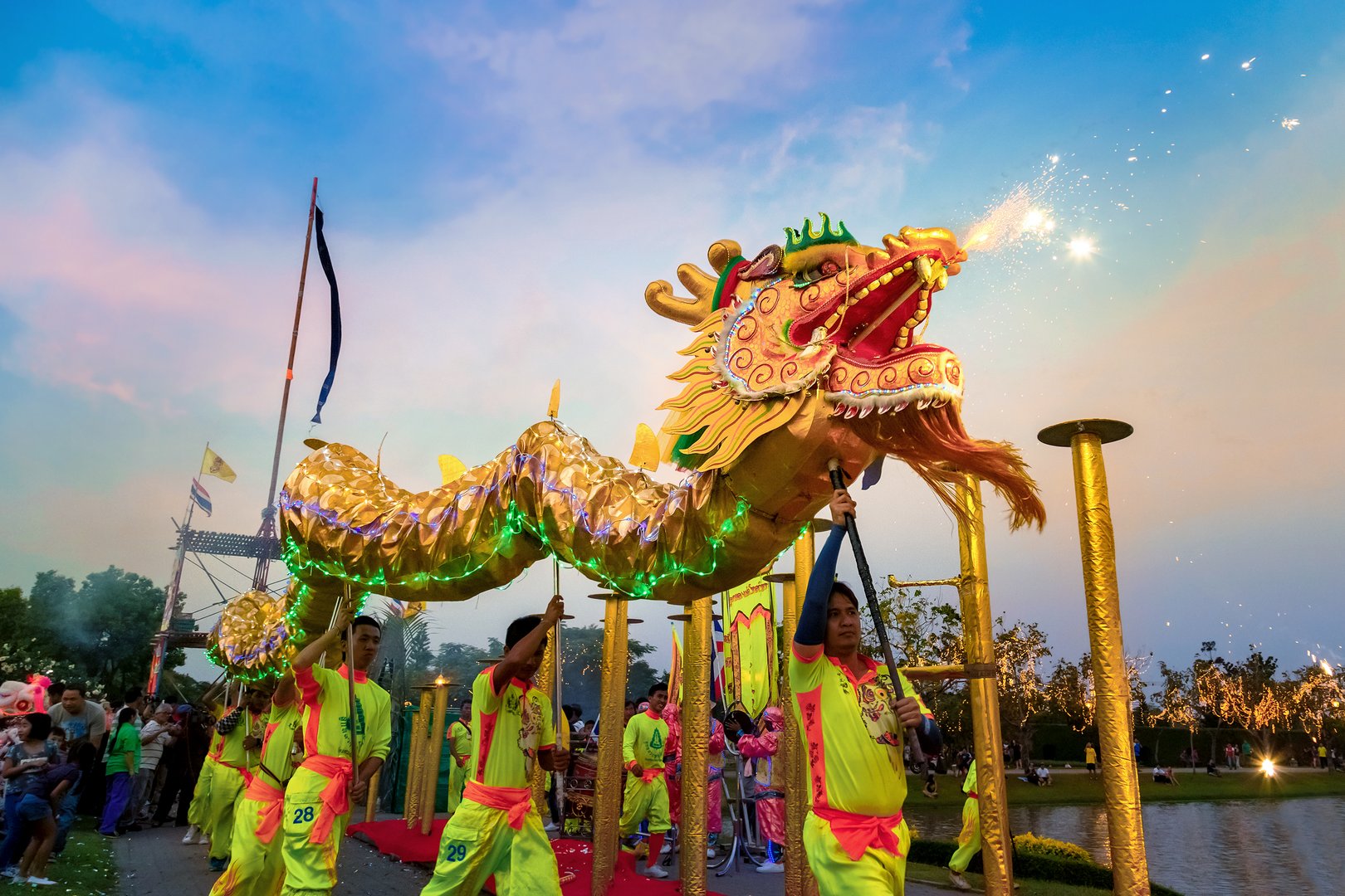 Bangkok, Thailand - February 20 2016: A group of people perform a dragon dance during Chinese new year's celebration