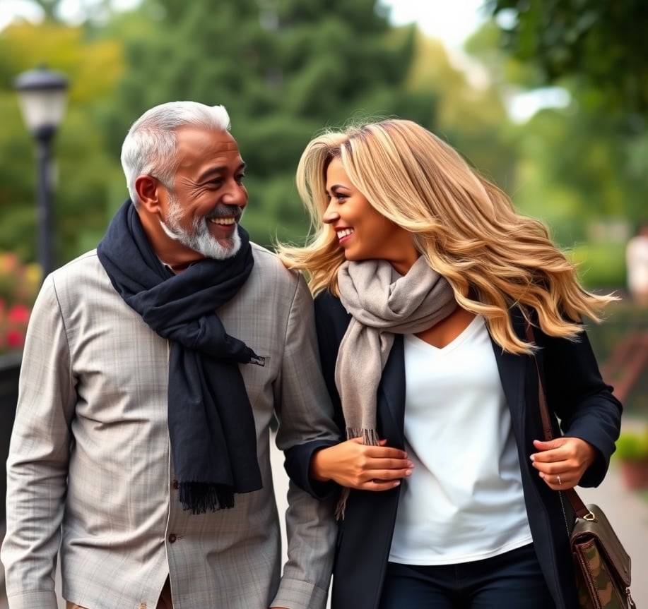 Smiling man and woman walking outdoors, both wearing scarves. Trees and grass visible in the background.