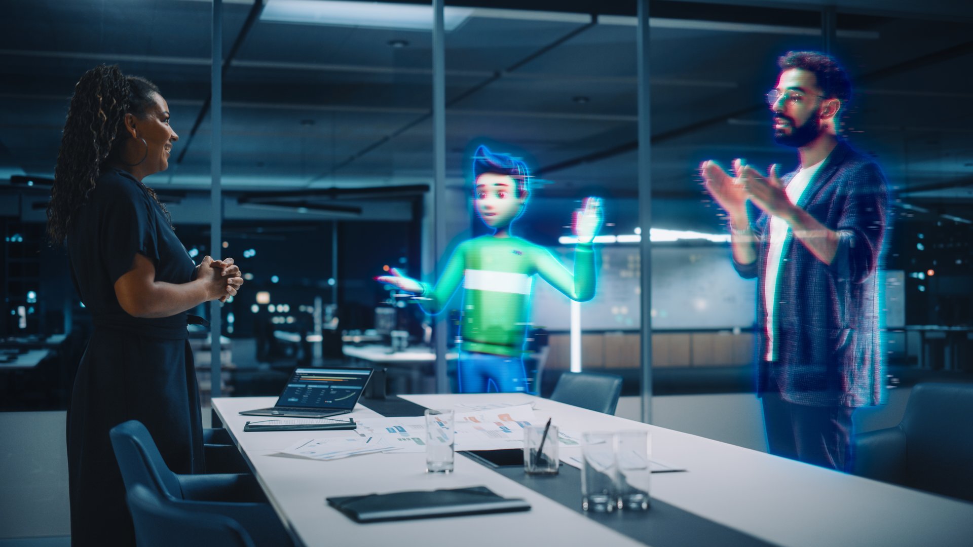 Futuristic Office Remote Meeting: Black Businesswoman Accepts Online Conference Call from Hispanic Businessman. Unique 3D Hologram of Colleague and Virtual Personal Assistant Avatar Concept.