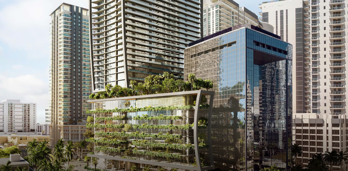 Urban skyline with modern high-rise buildings, featuring a glass structure with lush greenery on its terraces.