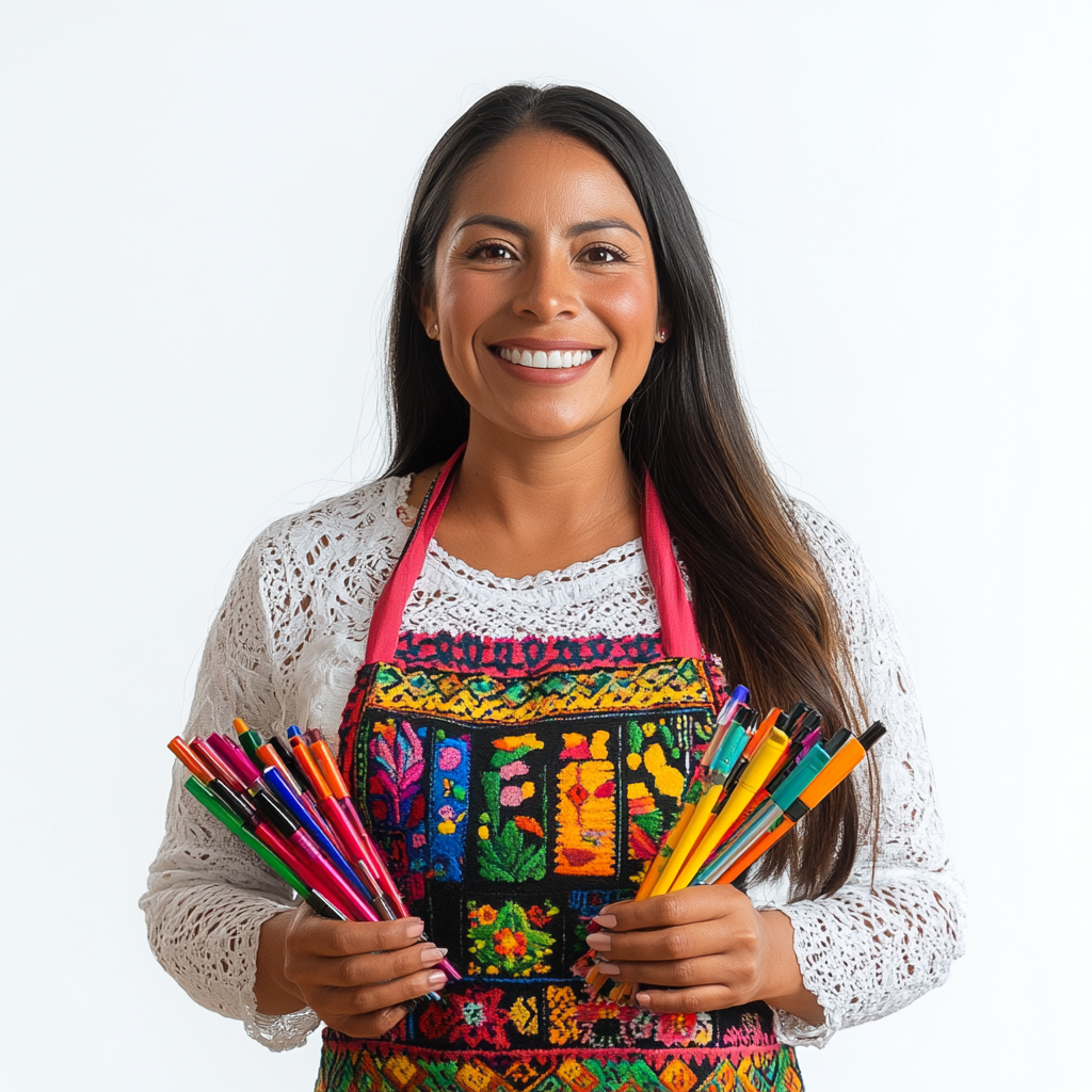 Smiling woman in colorful embroidered apron holding an assortment of colorful markers against a white background.
