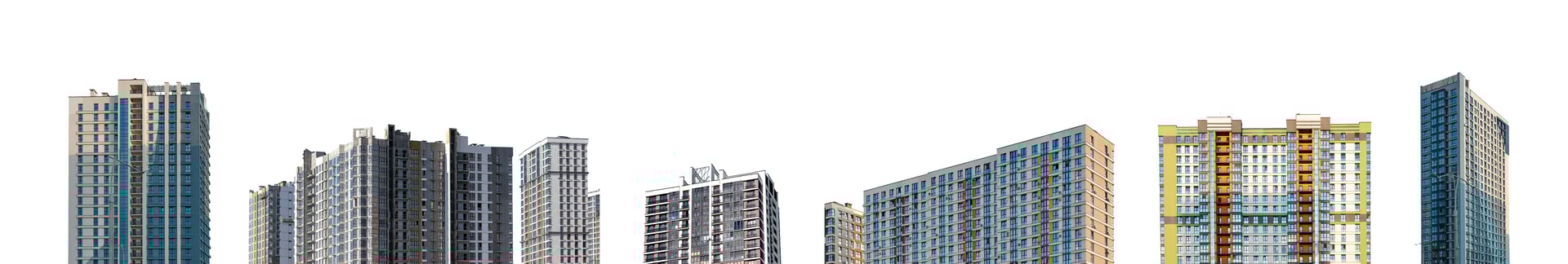 Modern high-rise buildings set, urban architecture featuring glass facades and concrete structures. Residential and office towers representing real estate and city living. Isolated on white background