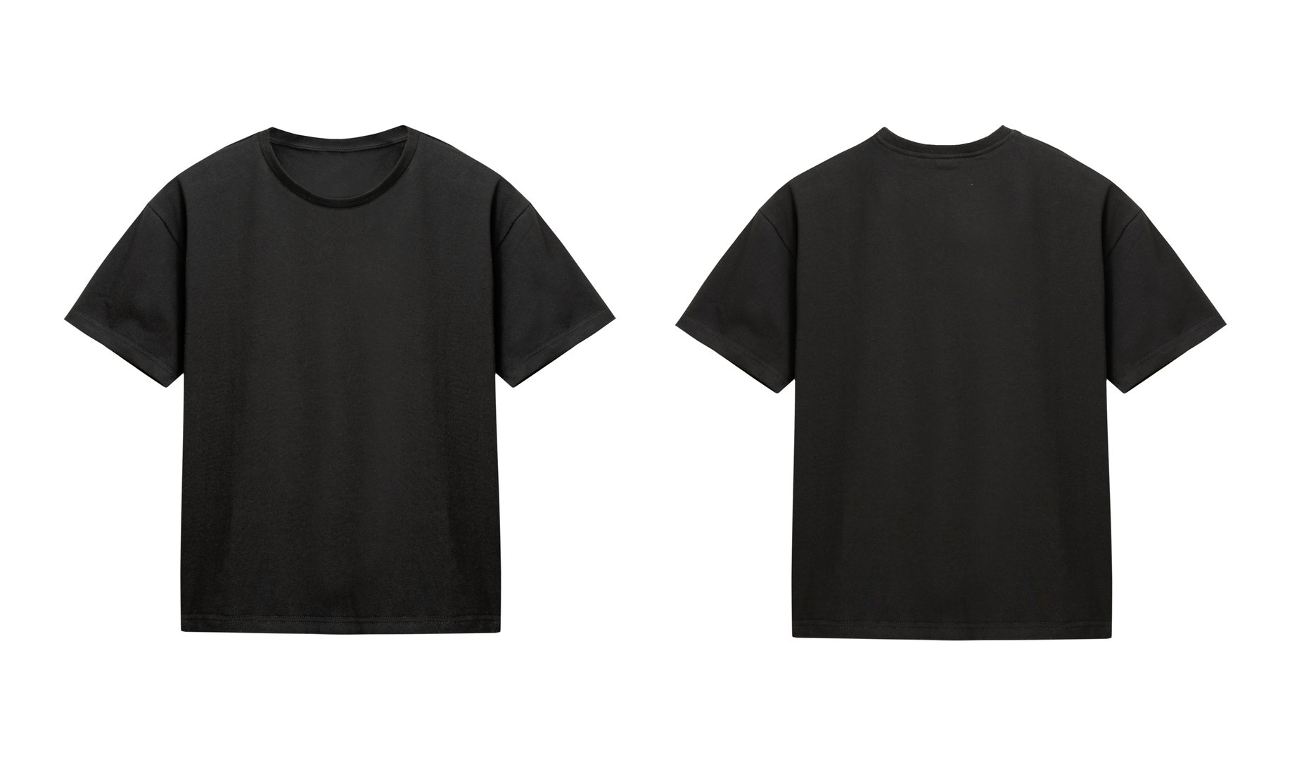 Black cotton t-shirt front back side isolated on white, male tshirt object nobody, men's shirt front side. Print advertisement design, promotion blank.