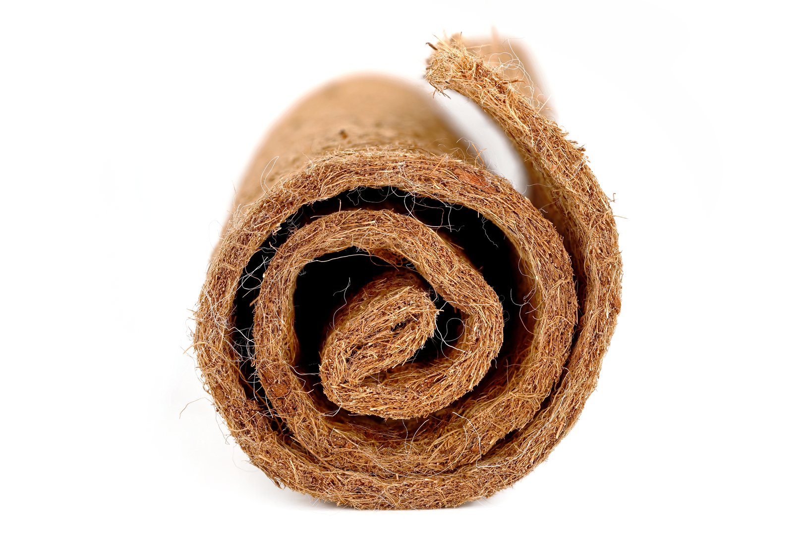Coconut fleece roll, coir fiber mat isolated on a white background, sustainable plant protection for overwintering
