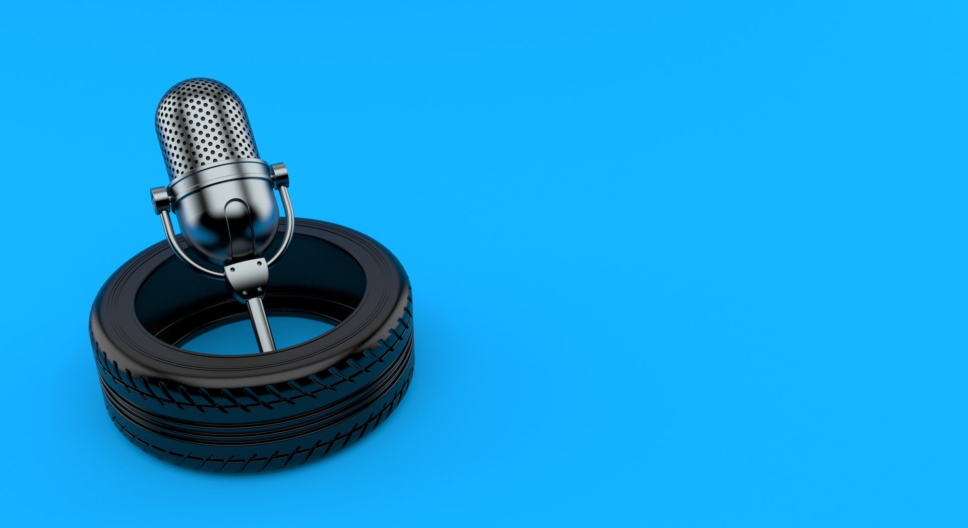 Radio microphone inside car tire isolated on blue background. 3d illustration