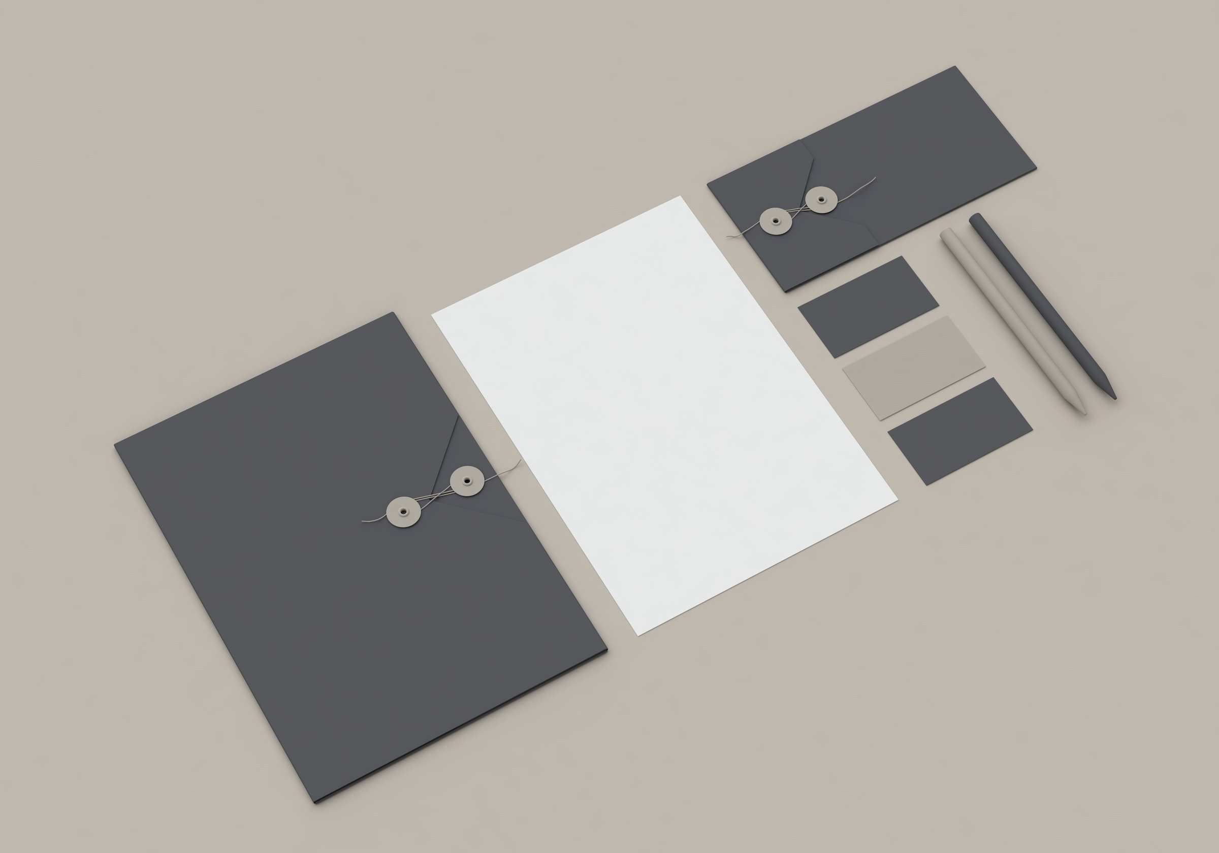 Base gray stationery mock-up template for branding identity for graphic designers presentations and portfolios. 3D rendering.