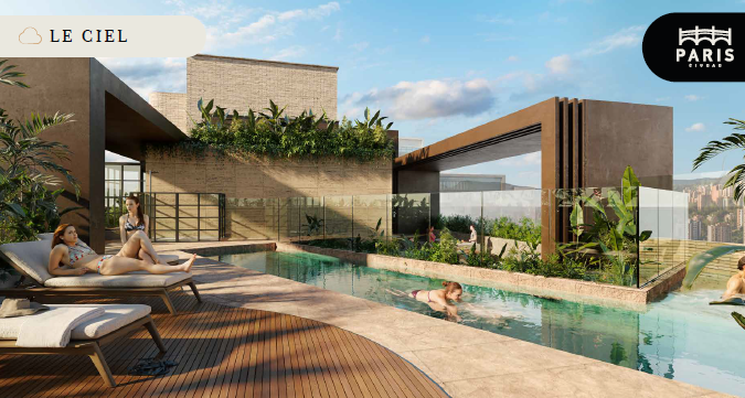 Rooftop pool with lounge chairs, greenery, and modern architecture under a clear sky, labeled "Le Ciel" and "Paris" logo.