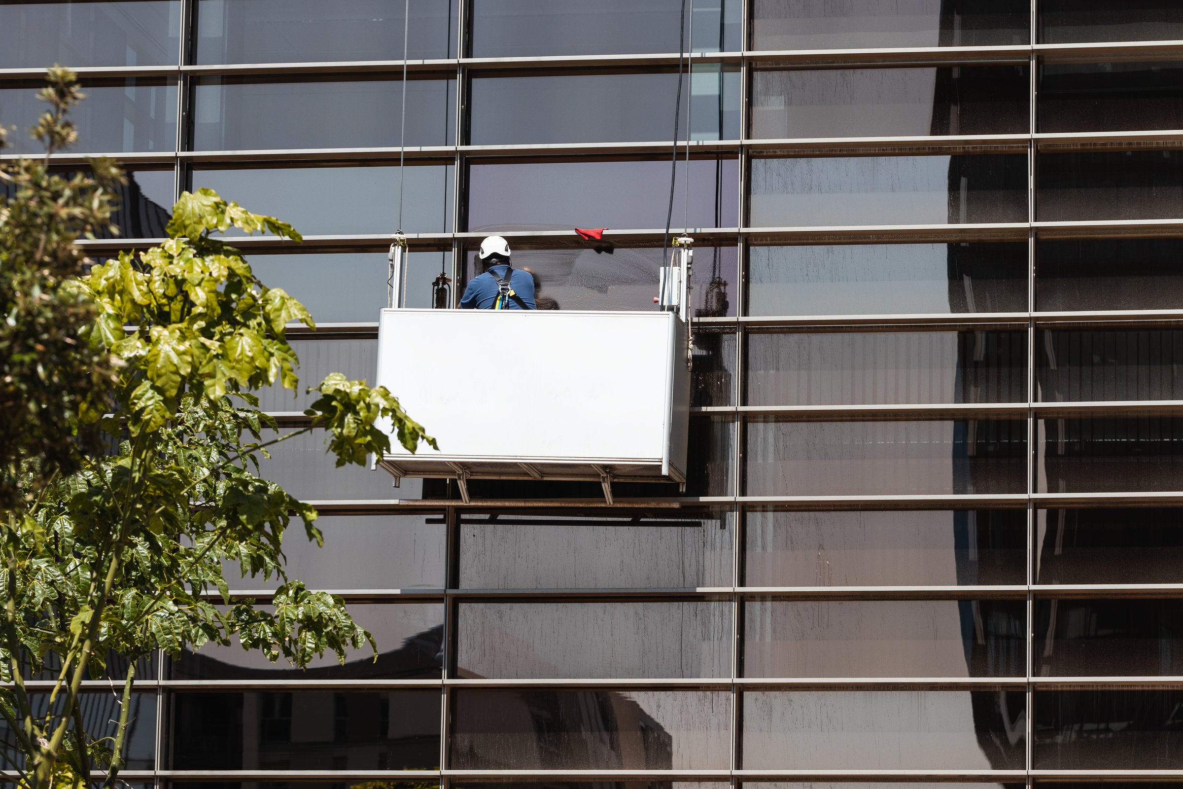 Back view of unrecognizable man in helmet and uniform in construction on ropes while washing windows of building on city street in daytime