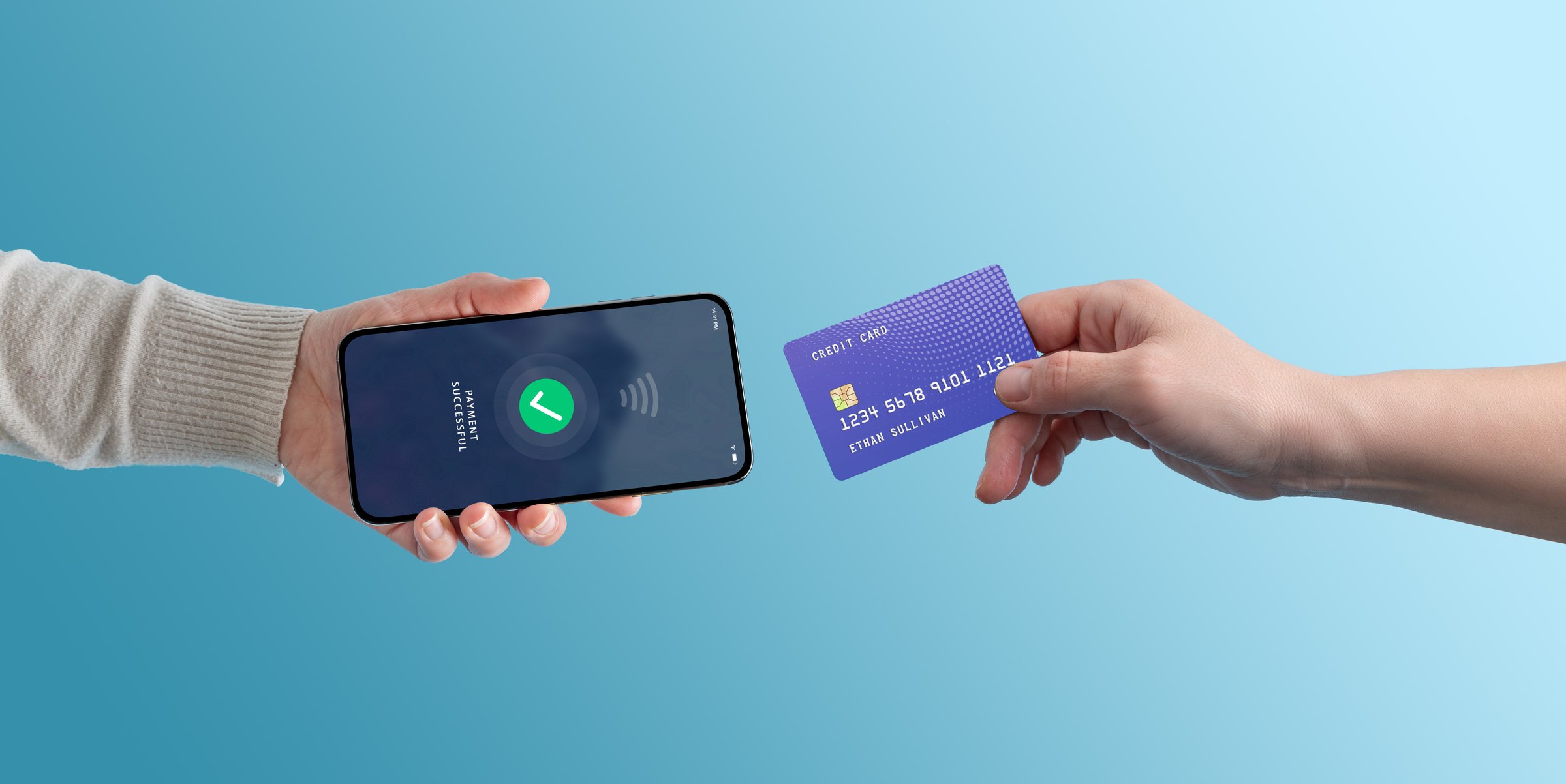 Credit card finalizing a seamless payment on a smartphone POS terminal, bridging the buyer and seller with modern technology and effortless transactions