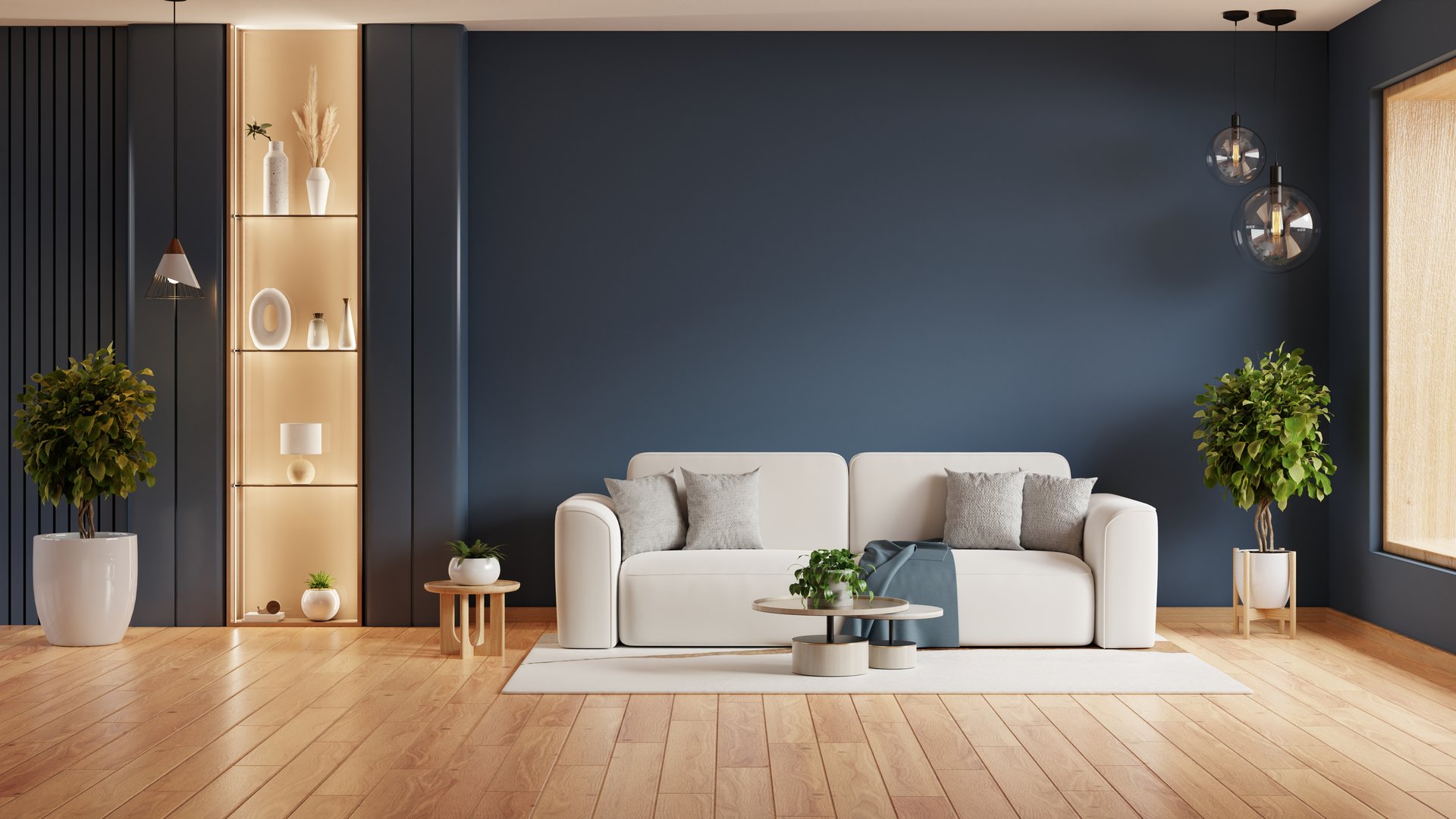 Living room with a white couch, a coffee table, and two potted plants on dark blue wall- 3D rendering