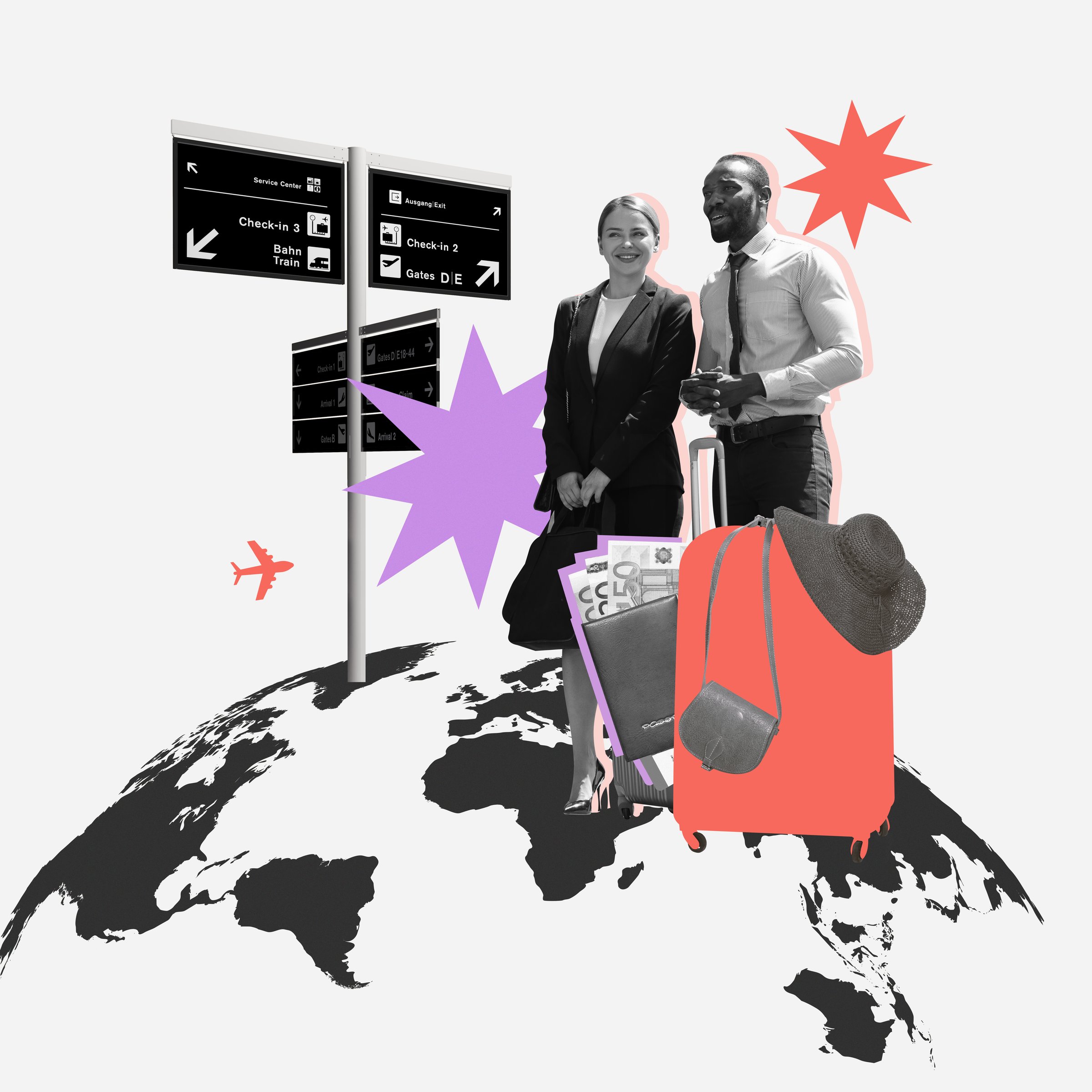 Monochrome image of people, colleagues with suitcases at airport signpost going on business trip. Contemporary artwork. Concept of business trip, international partnership, cooperation and teamwork