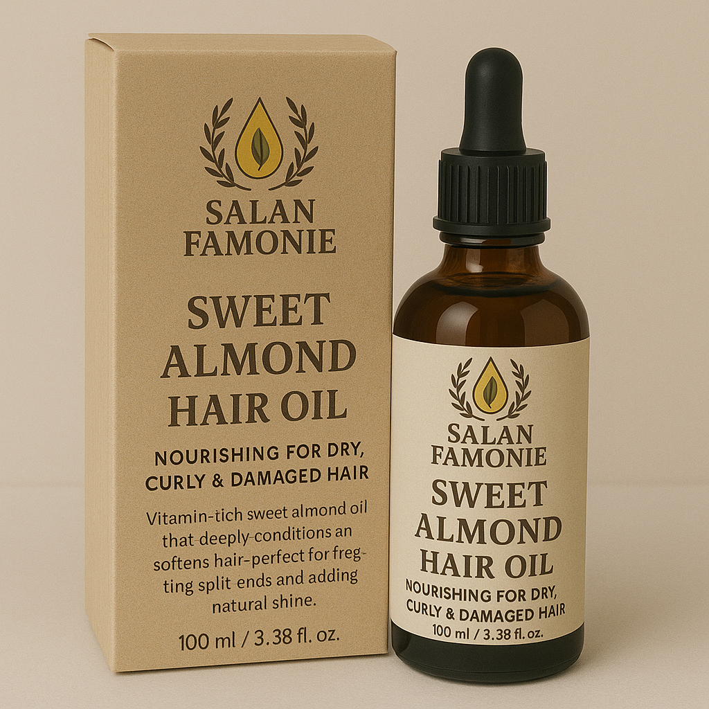 A bottle of Salan Famonie Almond Oil