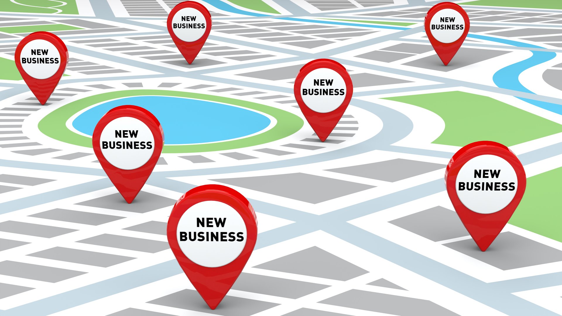 New Business with red pin pointer on city map , multi location expanding growing businesses concept.