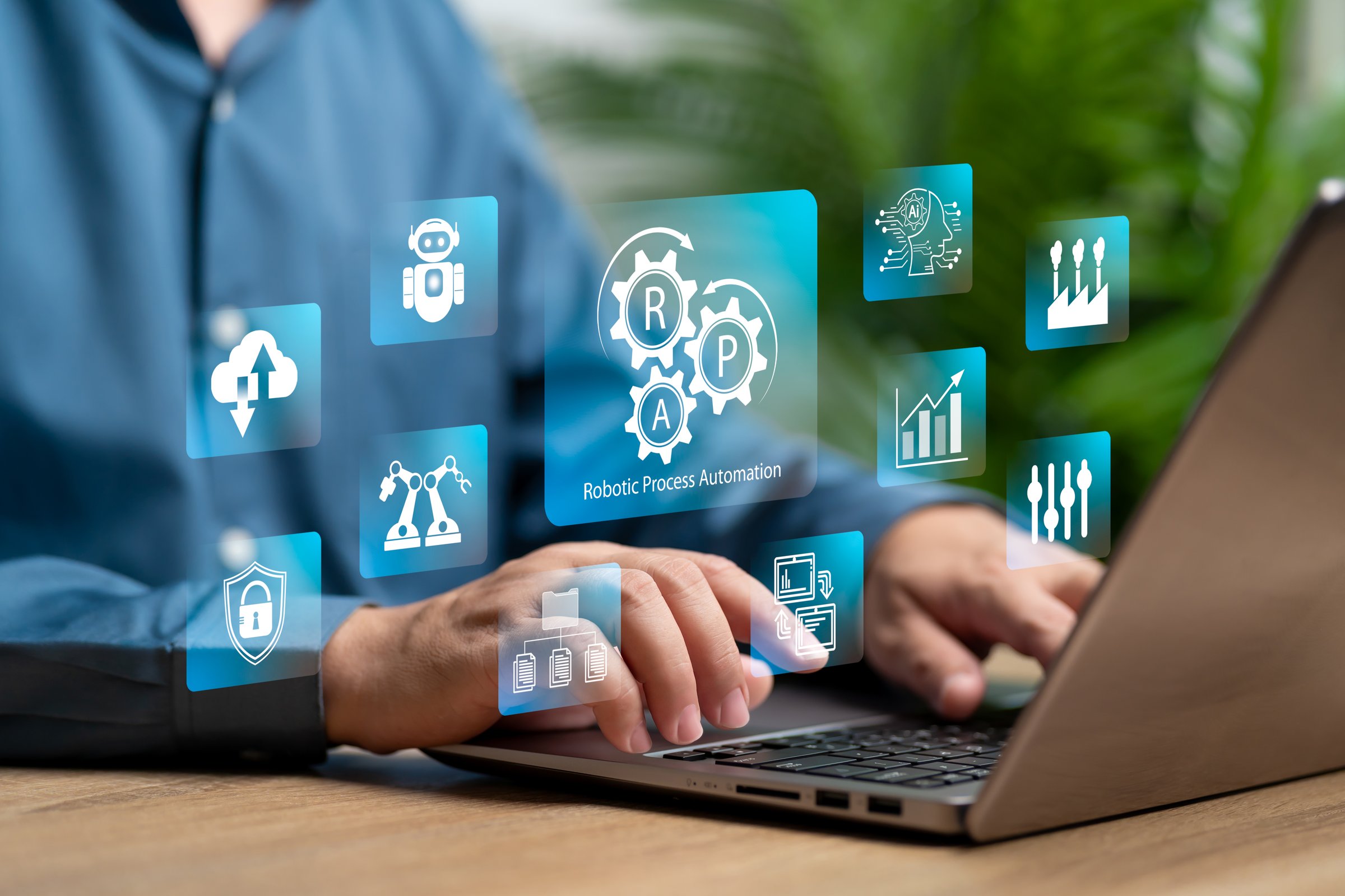 RPA, Robotic process automation innovation technology concept, Businessman use AI technology management work automation system, Workflow, Industry, Digital data, Security, Remote control via network