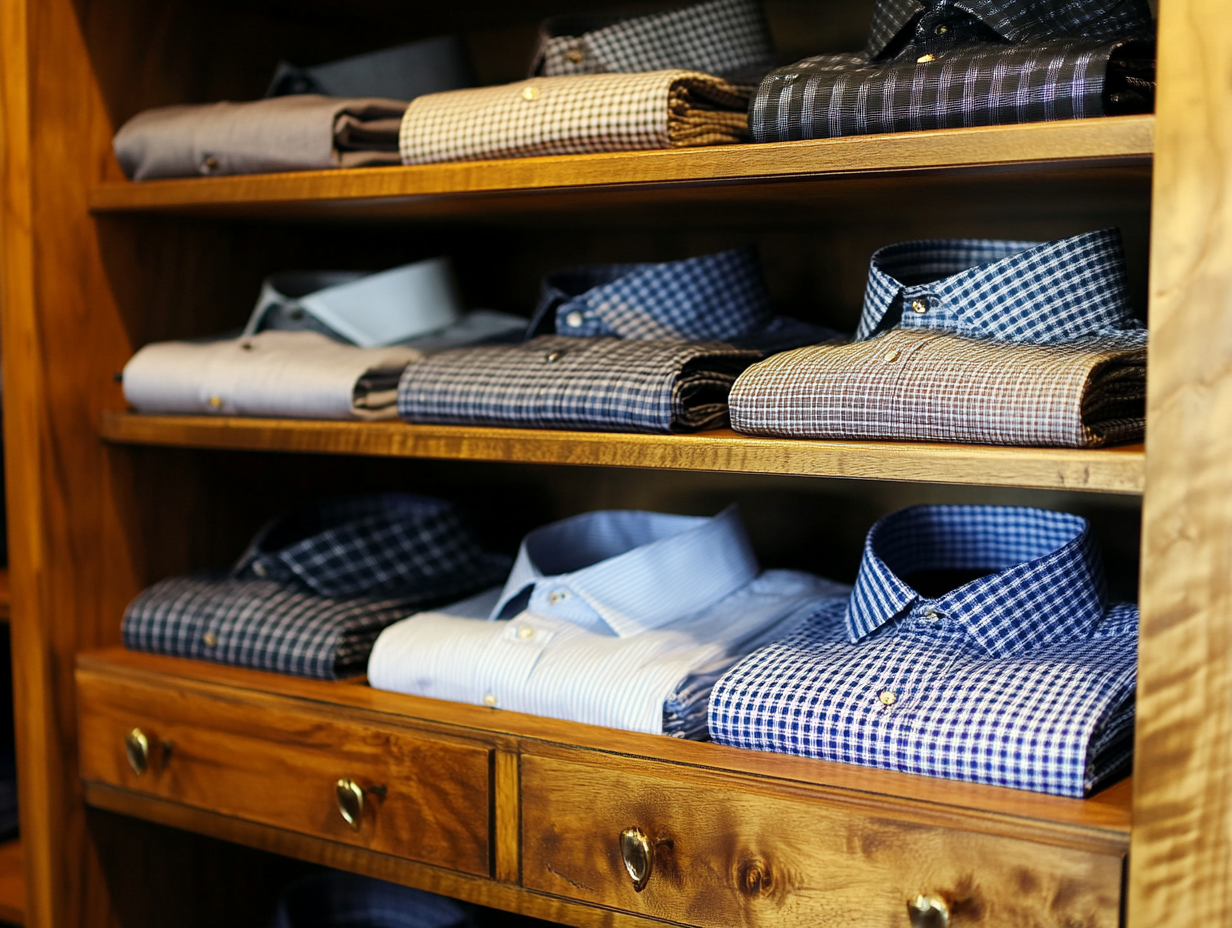 Neatly folded men's dress shirts in various patterns and colors on wooden shelves in a clothing store.