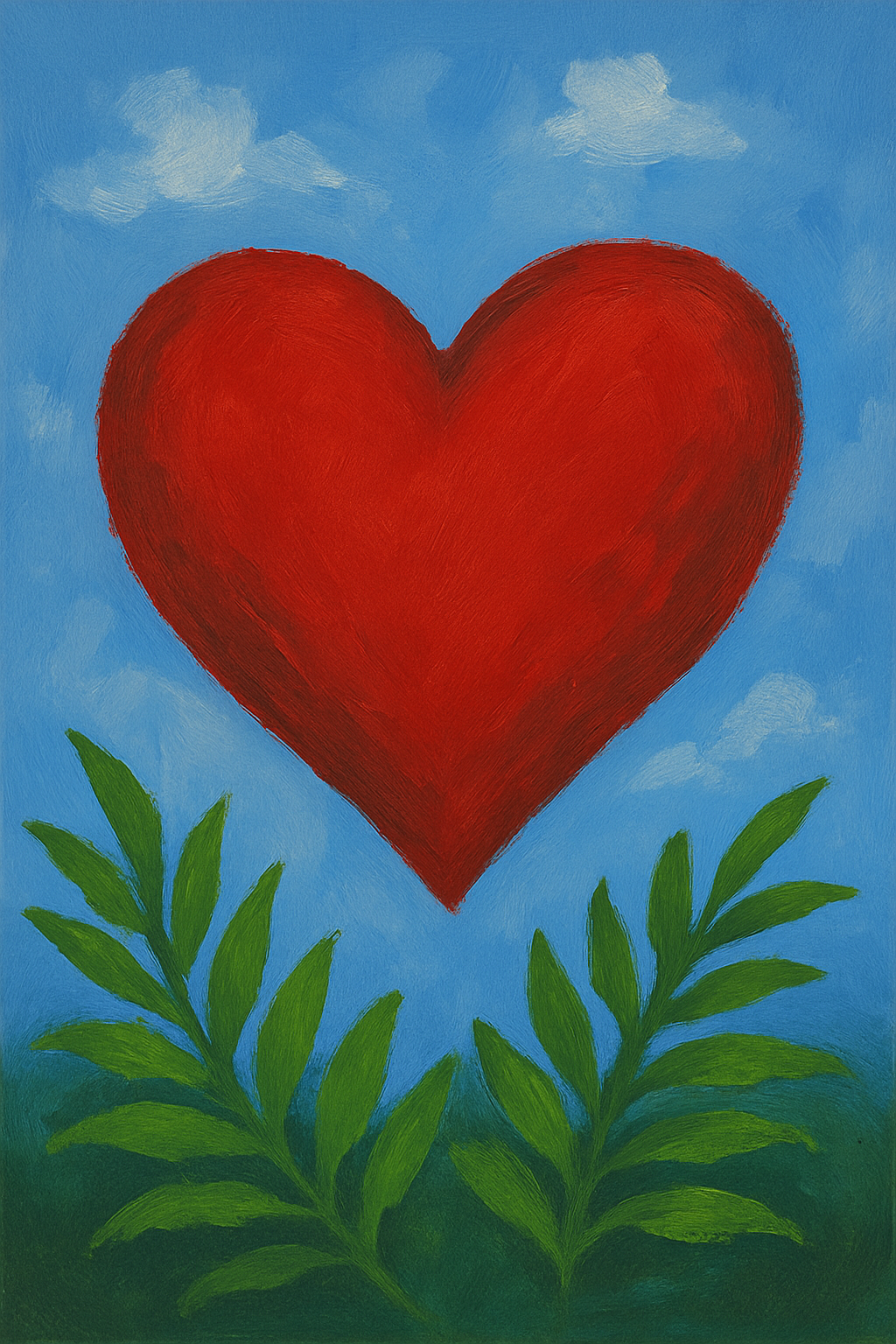 Colorful heart-shaped dinosaur painting with floating hearts