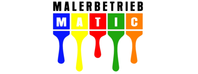 Logo with "Malerbetrieb Matic" and colorful paint drips in blue, yellow, red, green, and orange.