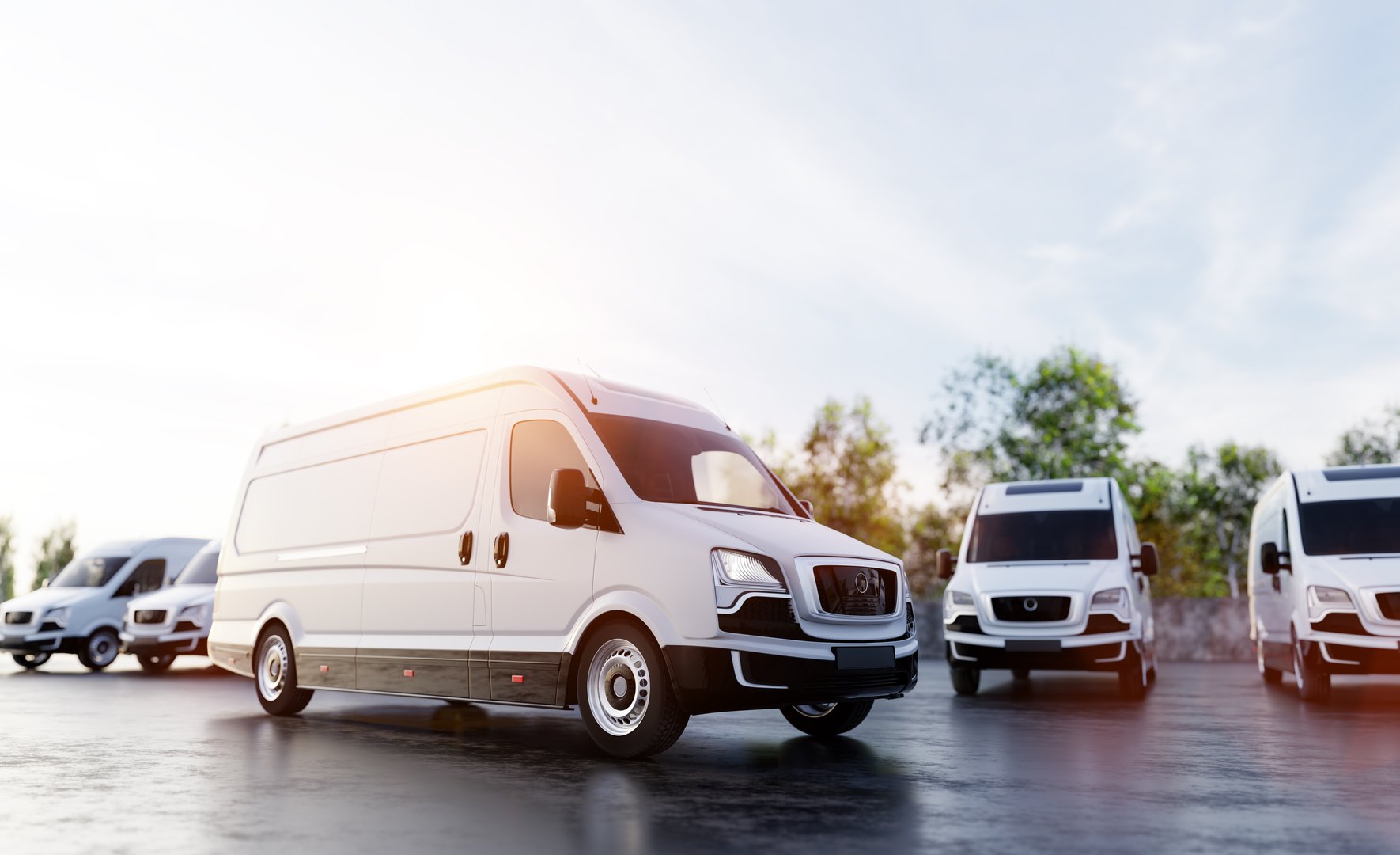 Transportation van and fleet of cargo trucks courier service. Transport, shipping industry. 3D illustration