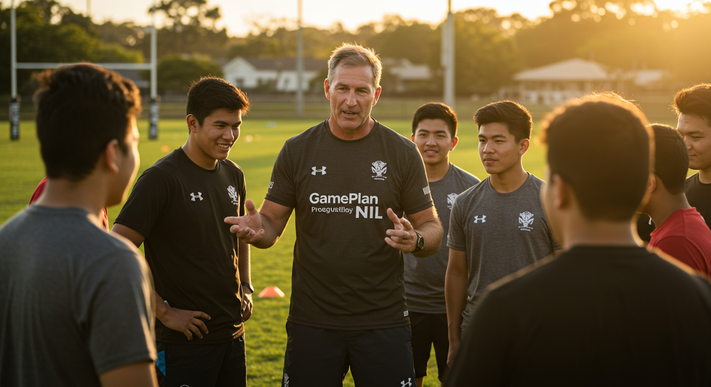 Multi-ethnic high school basketball team members shouting, holding basketball, and making eye contact in gym