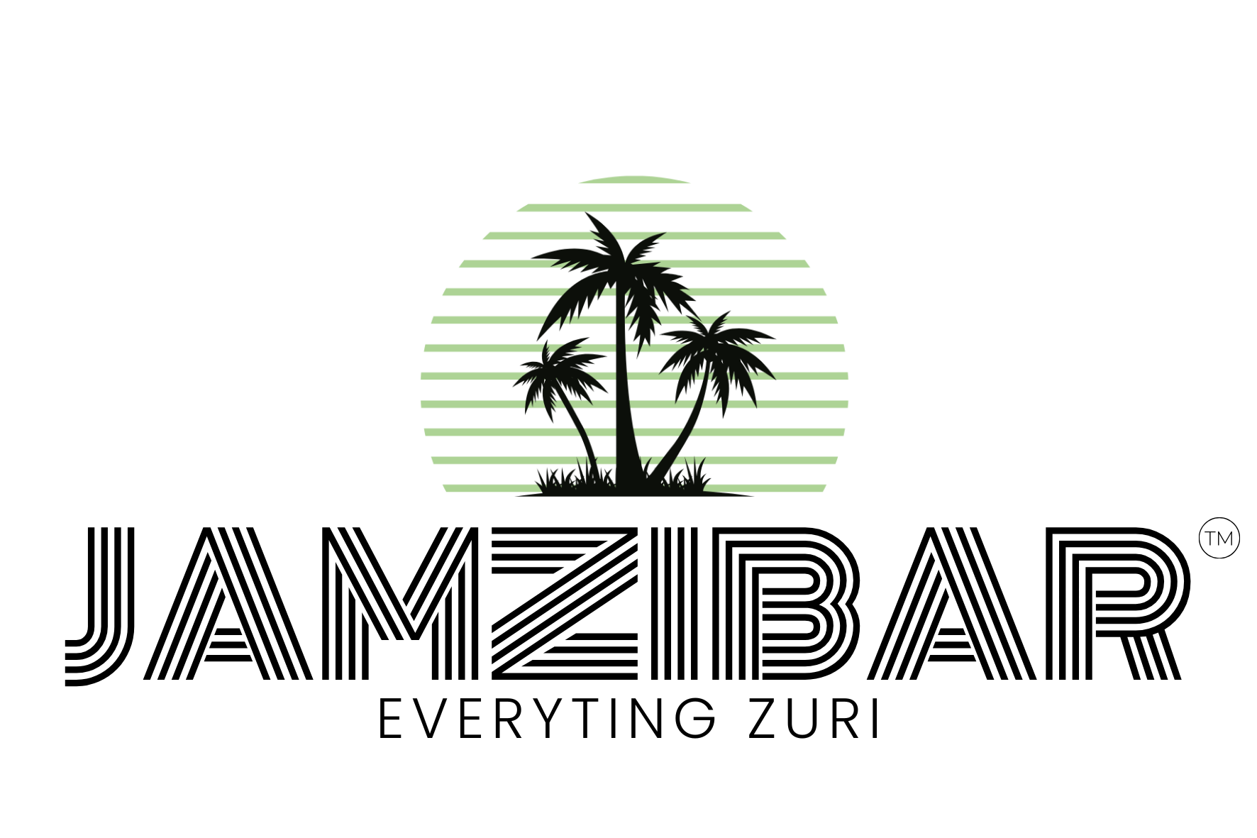 Palm tree silhouette with horizontal stripes in a circular pattern resembling a sunset.