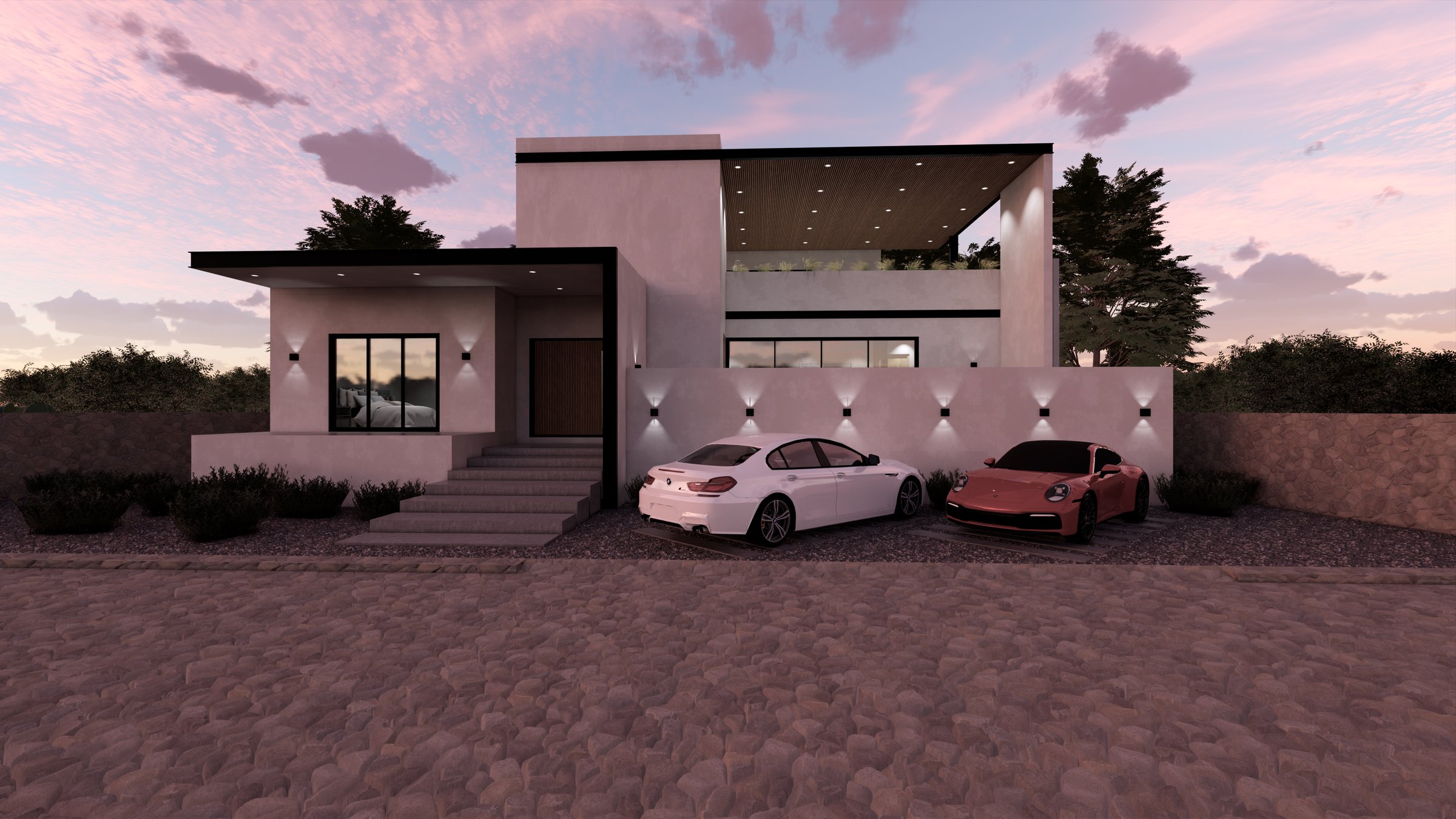 Modern house with two cars parked in front, featuring a minimalist design and large windows, under a pink sky.