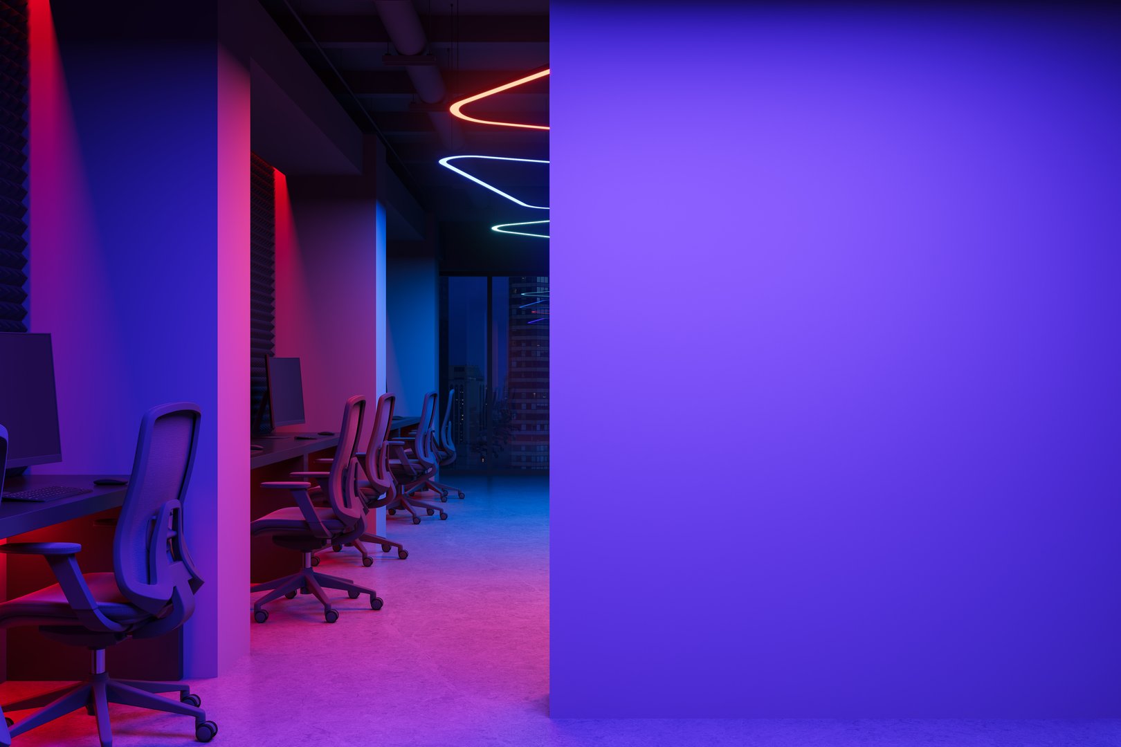 Modern office interior with ergonomic chairs, neon ceiling lights, and vibrant purple and red tones, on a concrete floor background. Concept of futuristic workspace. 3D Rendering