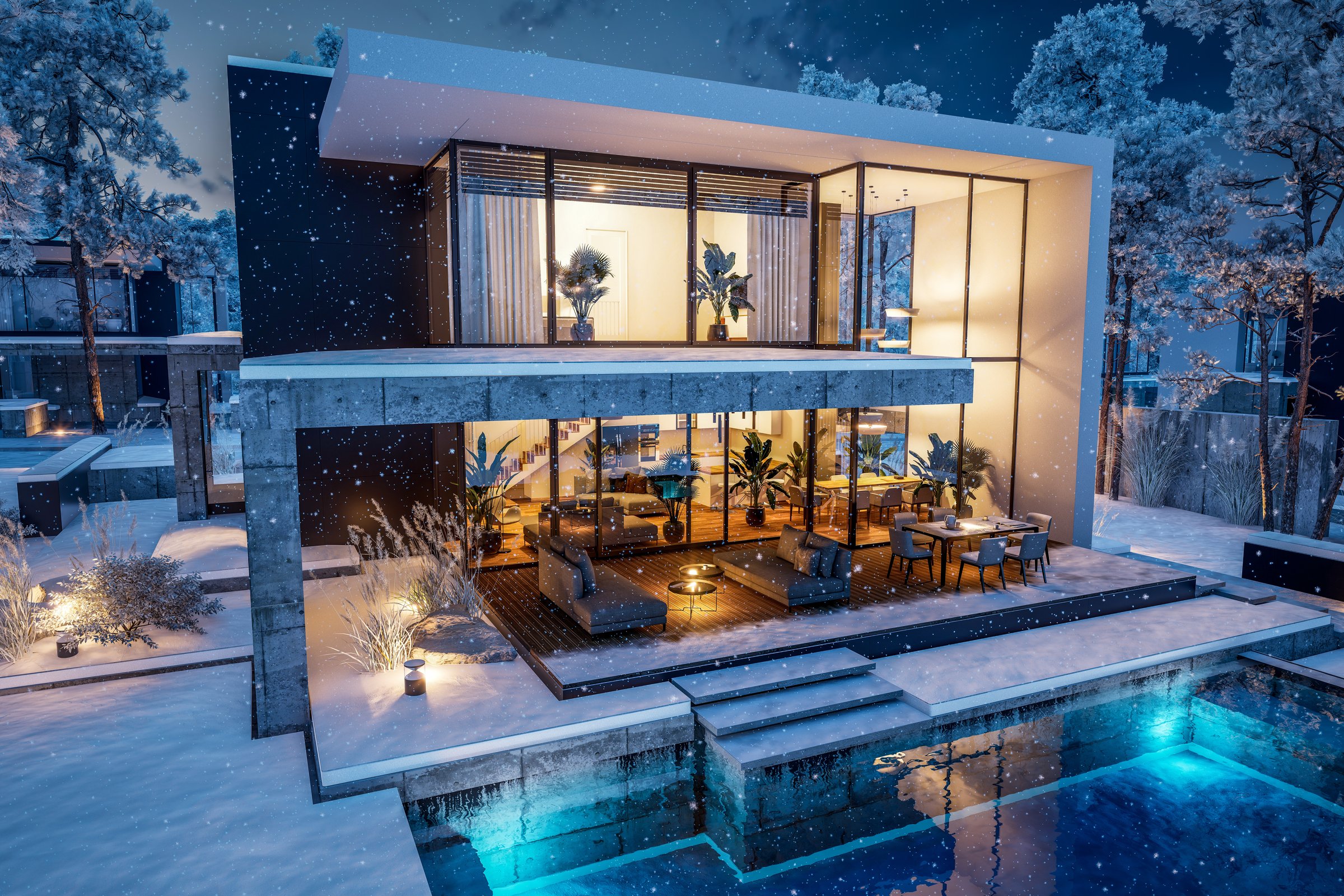 3d rendering of flat roof house with parking and pool for sale or rent with concrete facade and beautiful landscaping on background