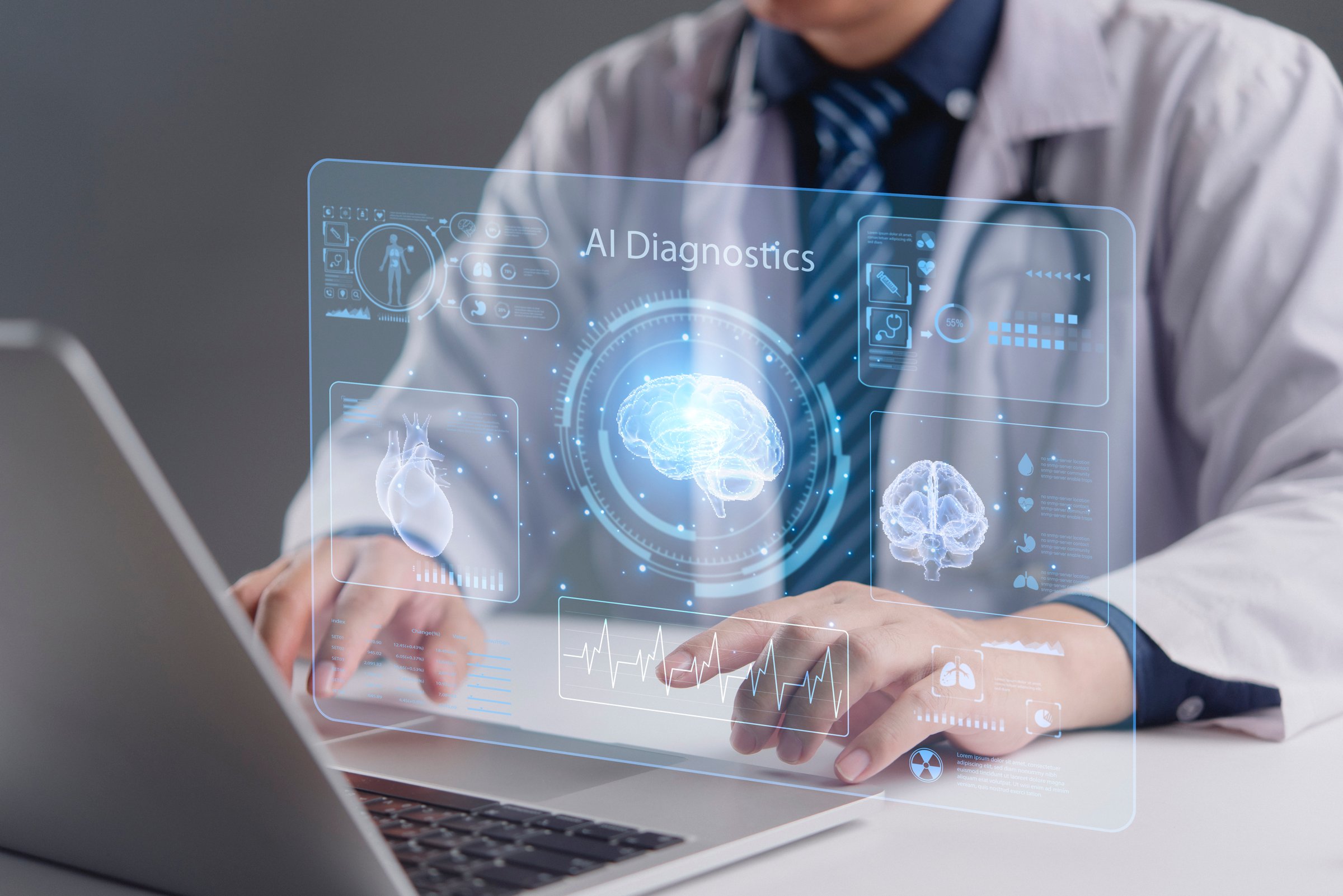 Doctor using AI Diagnostics on futuristic virtual screen. Healthcare medical technology for health analysis. Artificial intelligence in medicine for brain and heart data diagnosis at hospital.