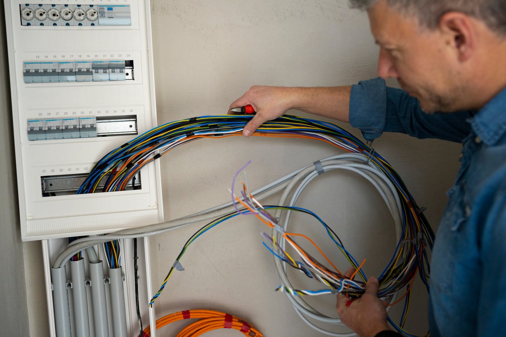 male electrician with blue jeans shirt works on construction site in a loft