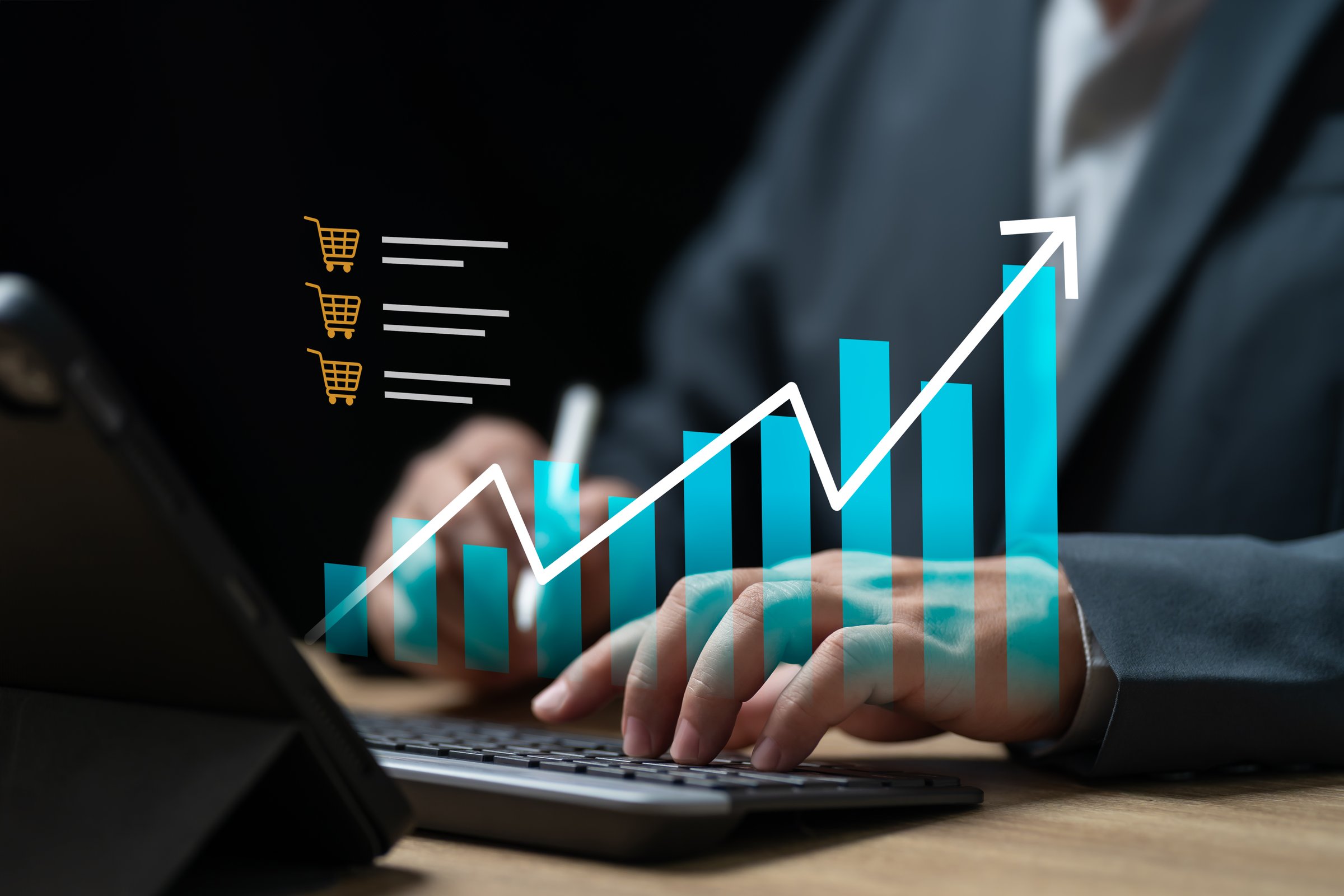 Sales and profit management, Business analysing growth concept, Businessman comparison of sales and profits of product with graph of increase in sales volume with shopping marketing ecommerce growth