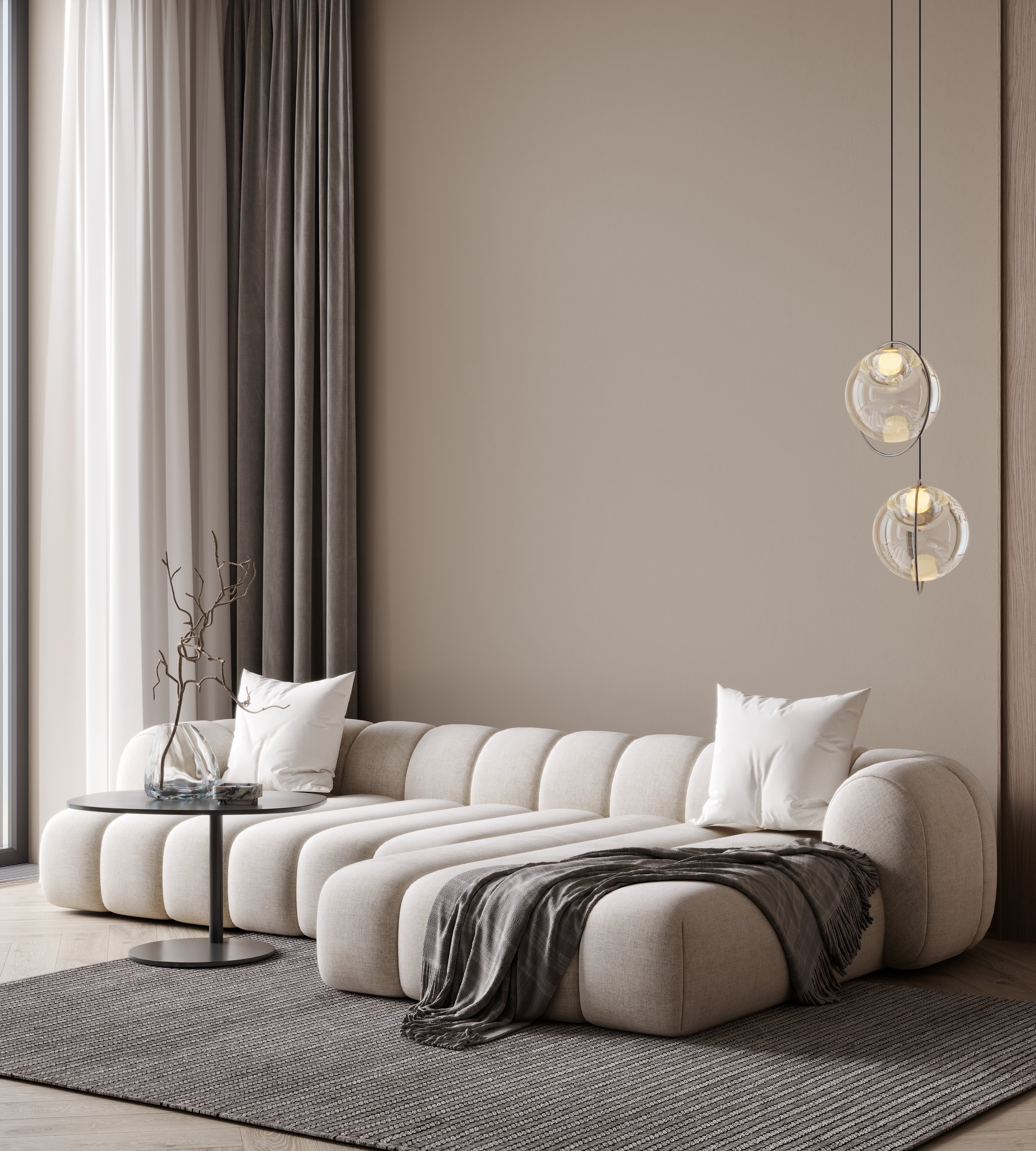 Empty beige wall mockup in modern living room interior with white couch, 3d rendering