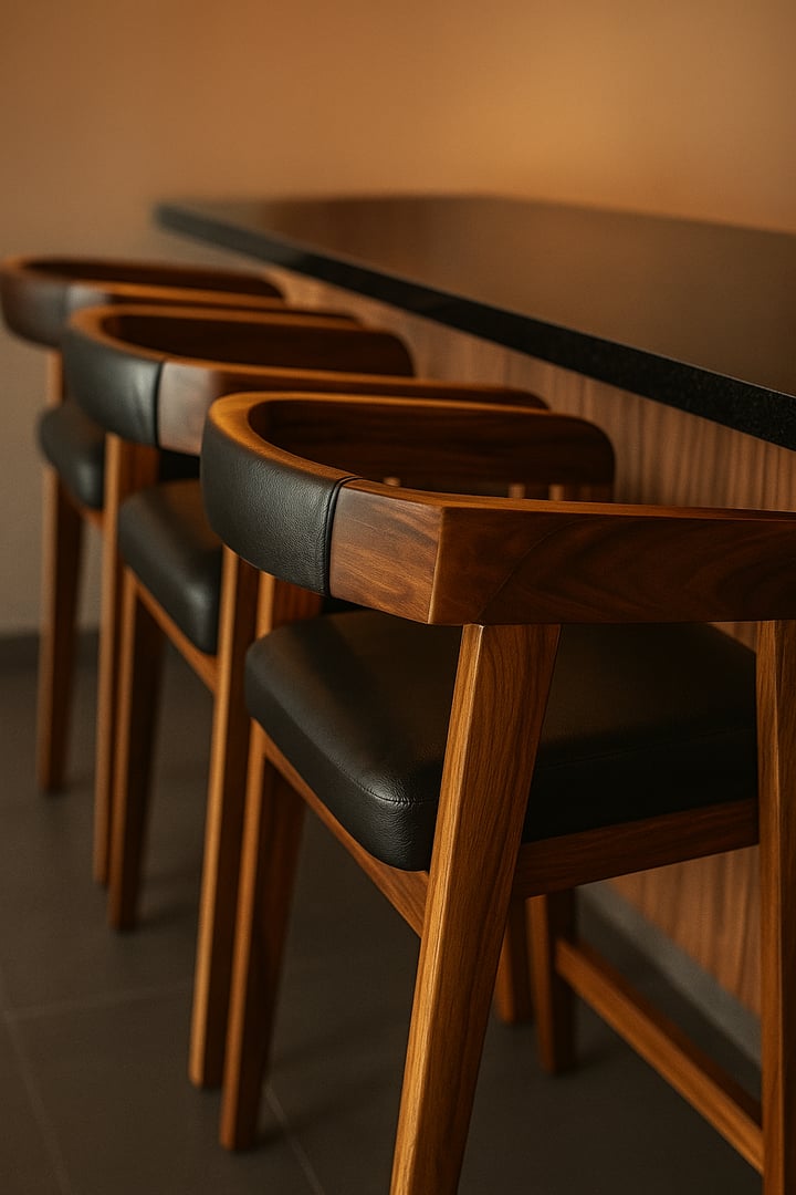 Banco para barra en madera de parota con respaldo envolvente y asiento tapizado