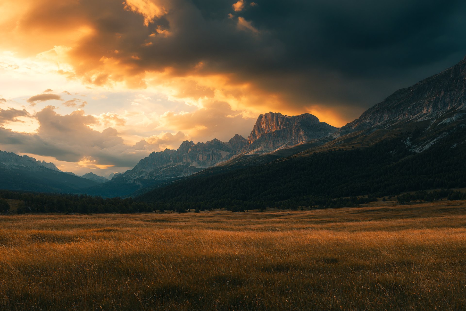 A breathtaking view of mountain ranges under a dramatic sunset sky. The golden hues reflect on the peaks, creating an awe-inspiring contrast with the dark, looming clouds. The vast valleys and rolling hills stretch endlessly, capturing the serenity and grandeur of nature.