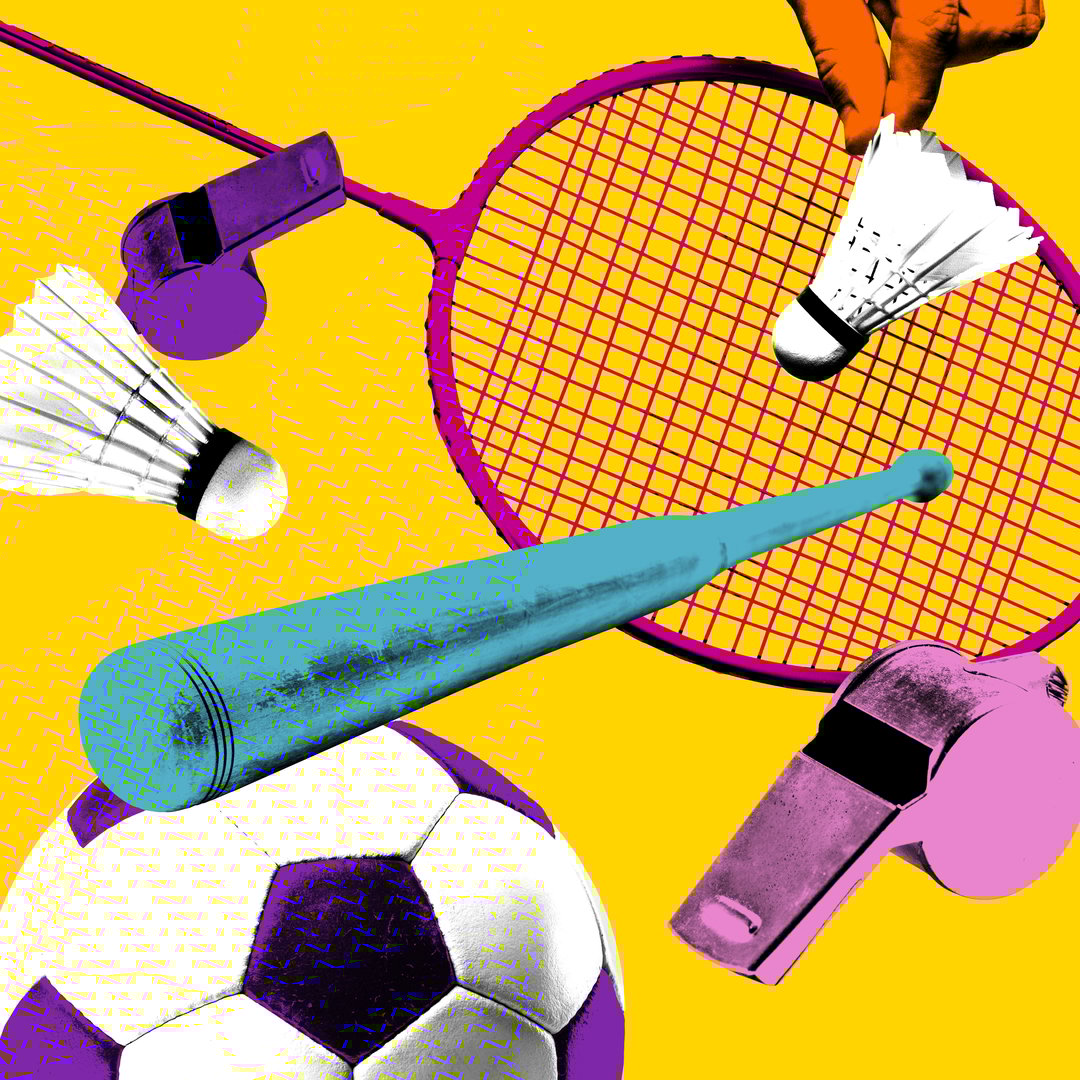 Conceptual art collage. Racket, shuttlecocks, whistles, bat and soccer ball in energetic flat yellow layout. Bold colorful poster. Textured effect. Concept of gym training, sport event, movement. Ad