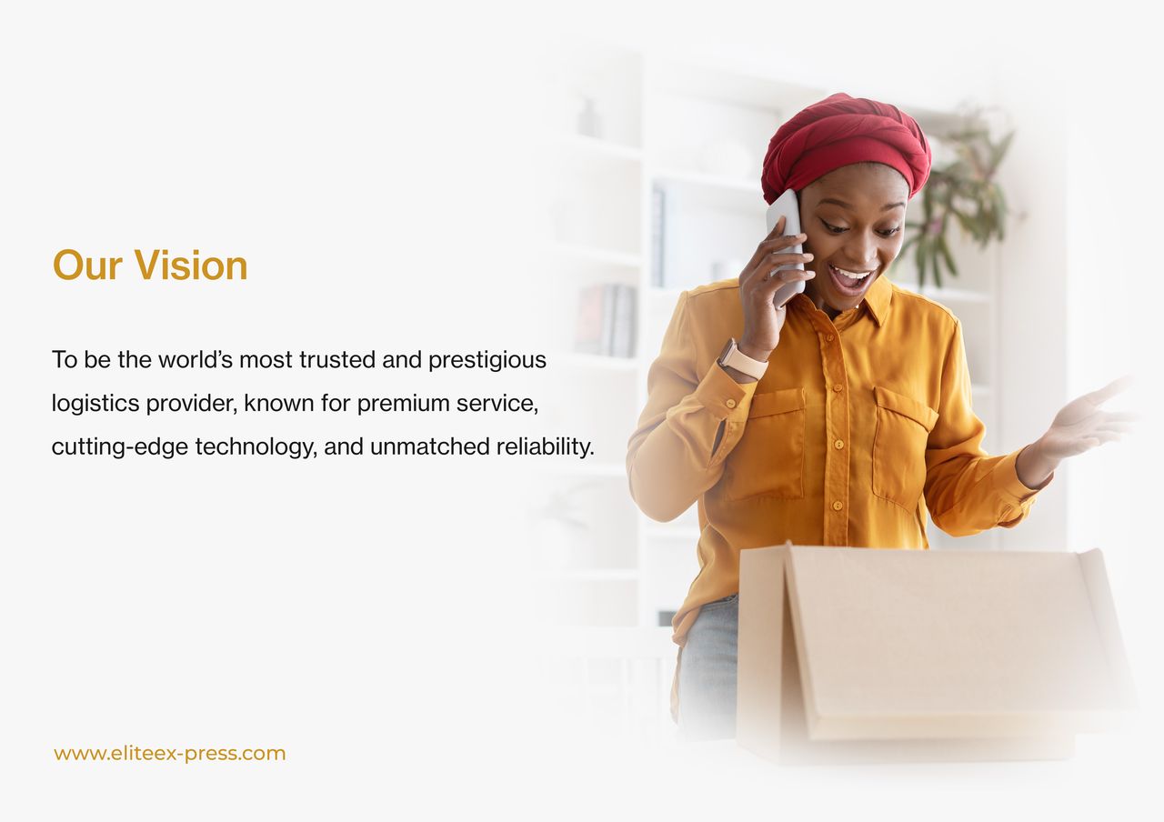 Woman on phone with package, smiling. "Our Vision" text: Trusted logistics provider known for premium service.