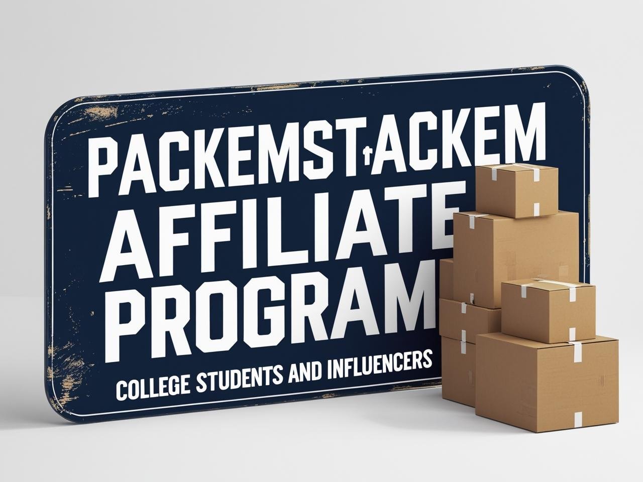 PackEmStackEm Affiliate Program for College Students and Influencers sign with dark blue background and packing boxes