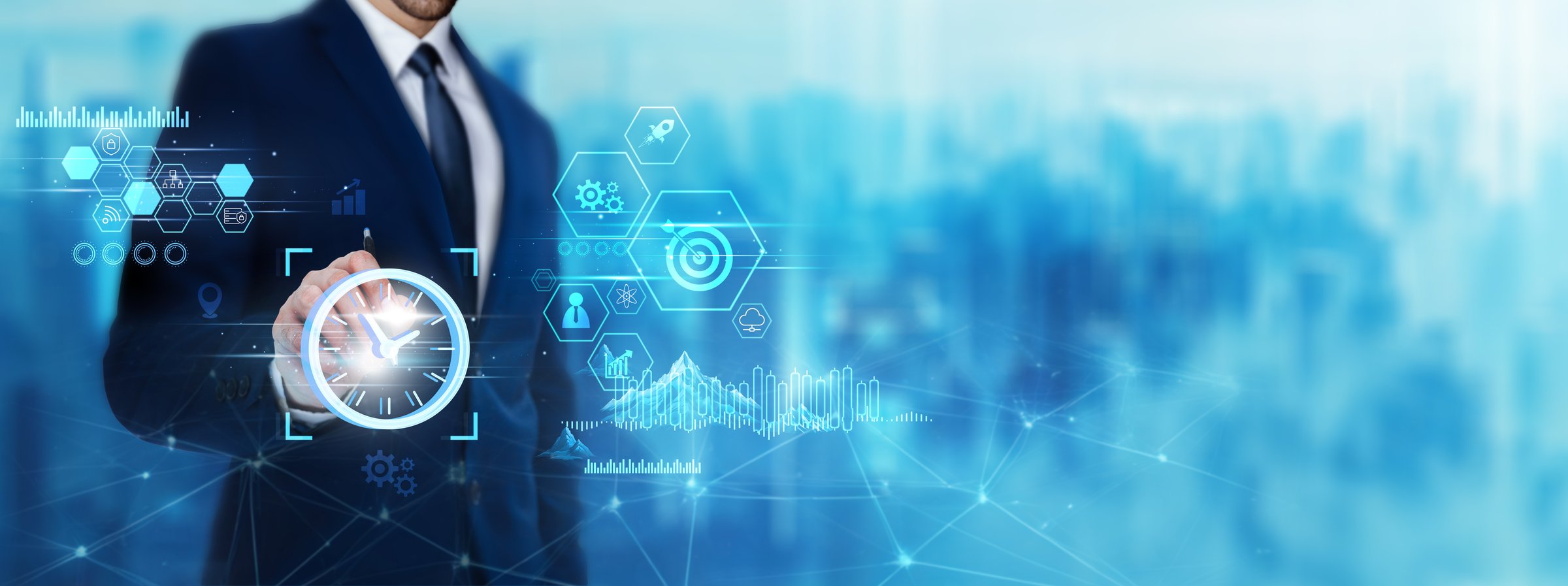 Time Management: Businessman holding schedule planner. Digital technology era of future. Efficiency technology of deep learning, productivity, work-life balance concept.