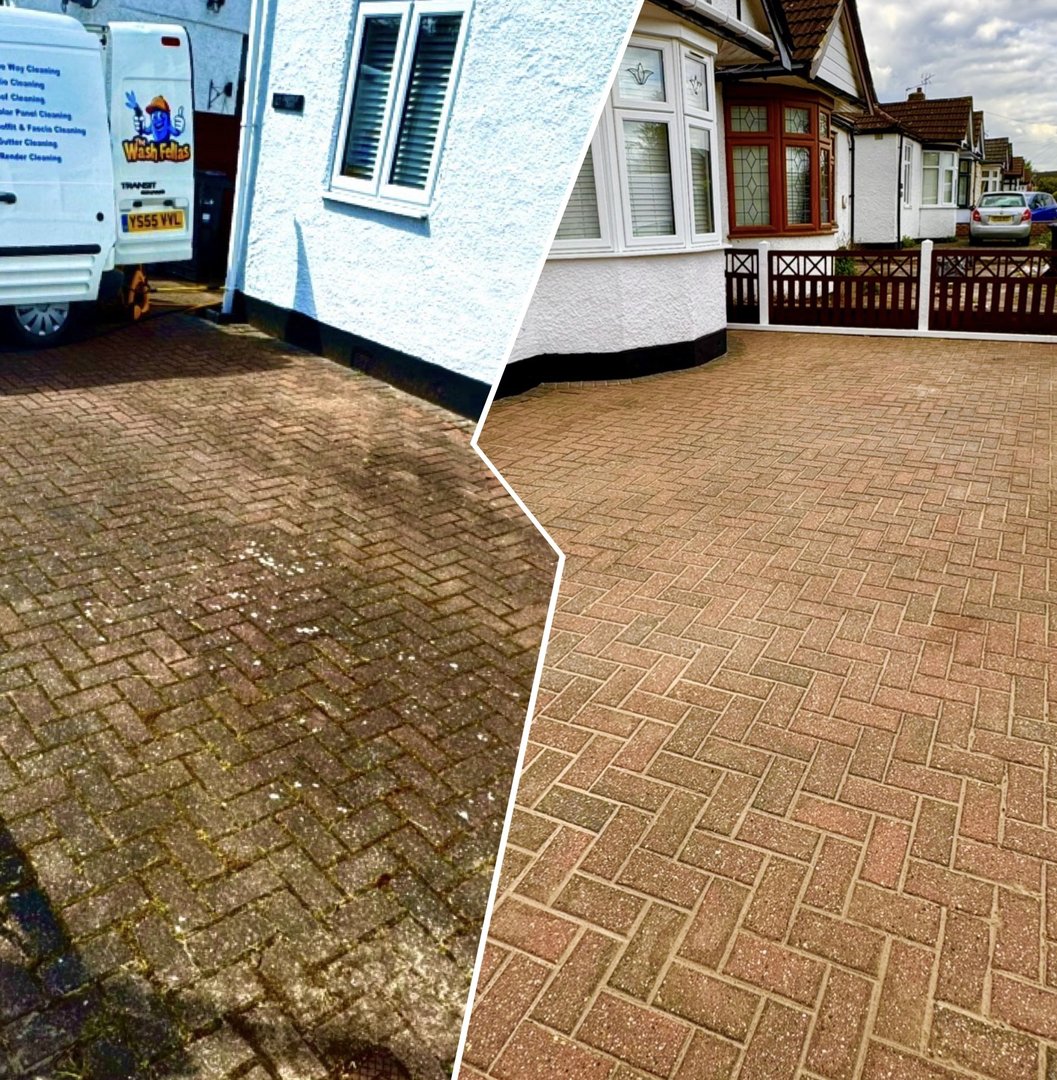 Driveway before and after pressure washing transformation