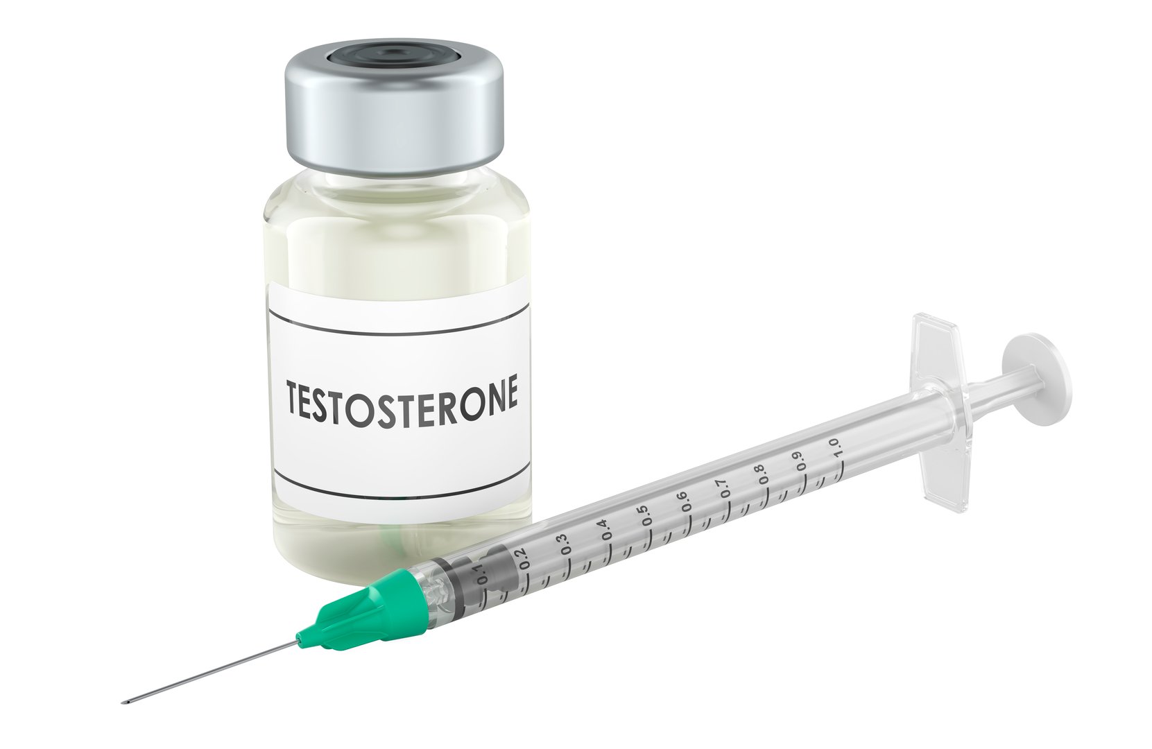 Testosterone vial and syringe, 3D rendering isolated on white background